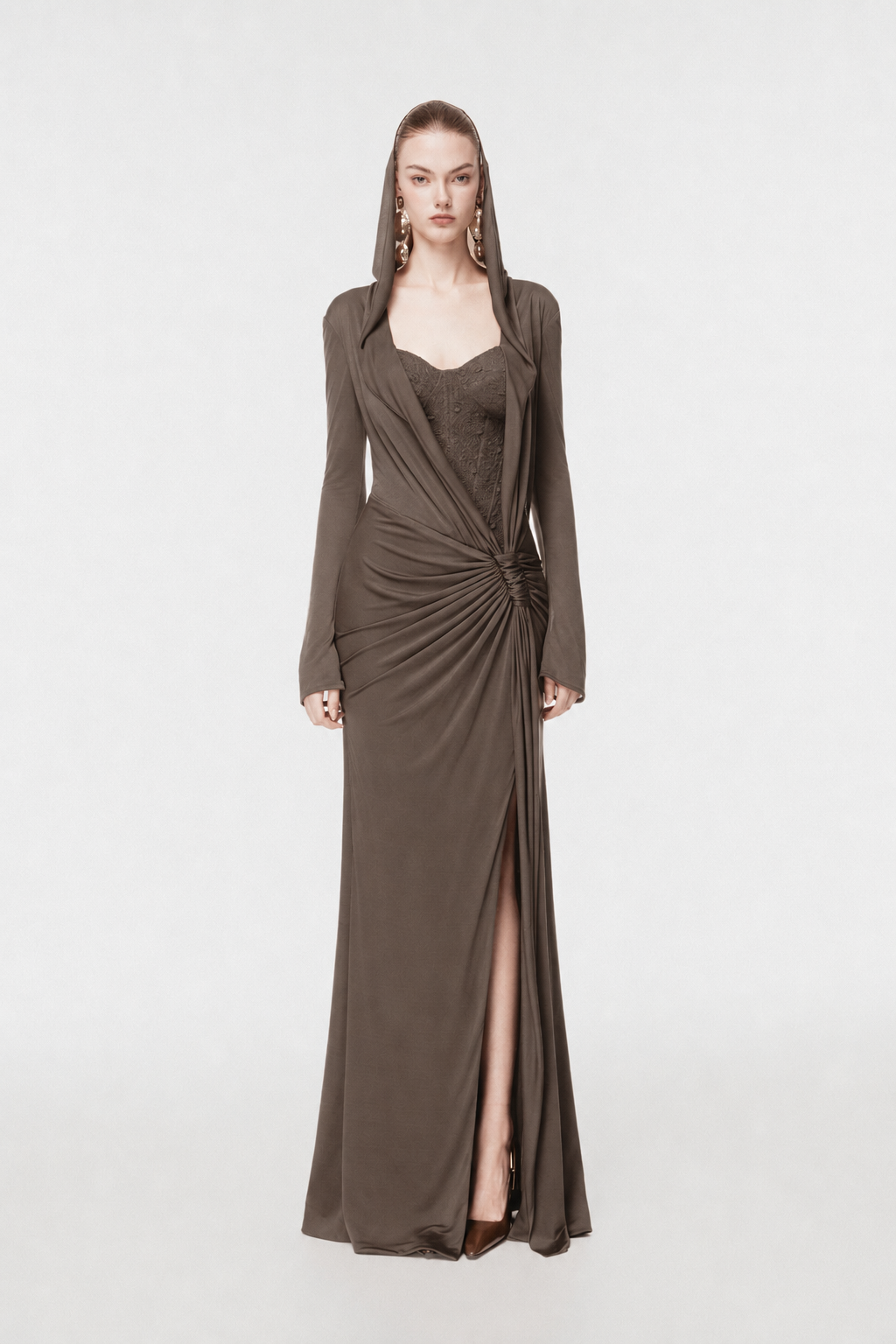 Hooded Draped Corset Evening Gown