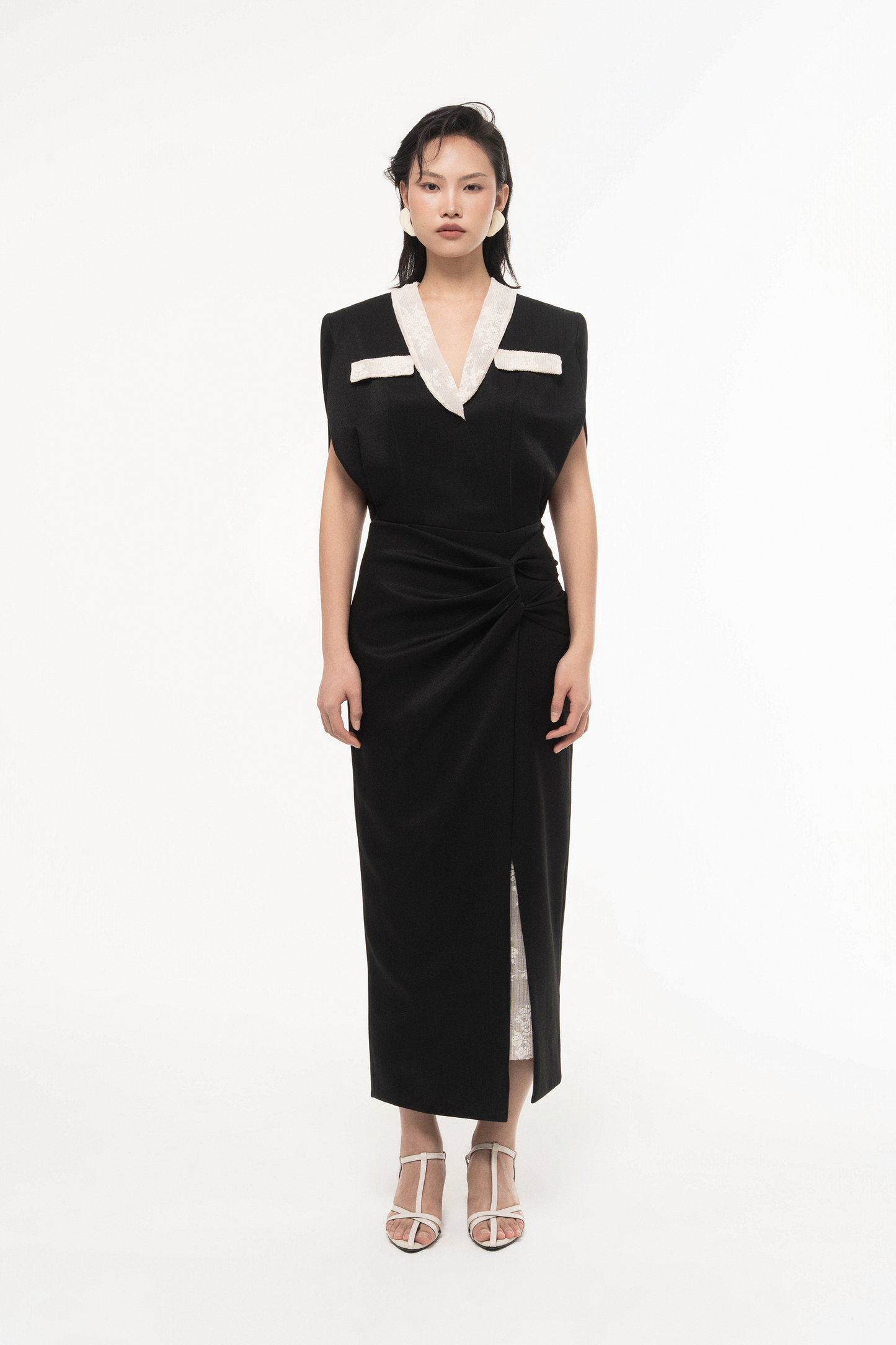 V-Neck Draped Midi Dress