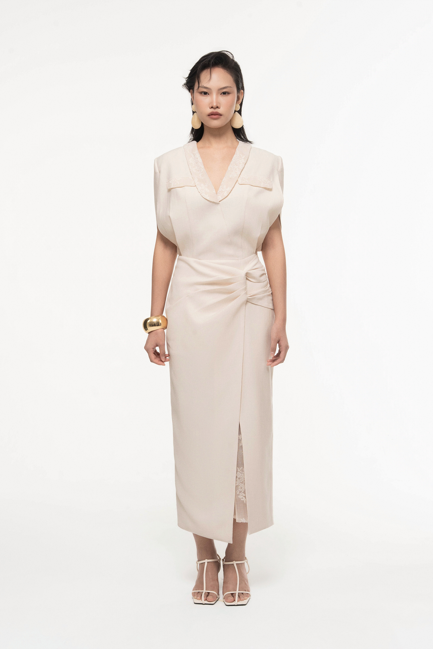 V-Neck Draped Midi Dress
