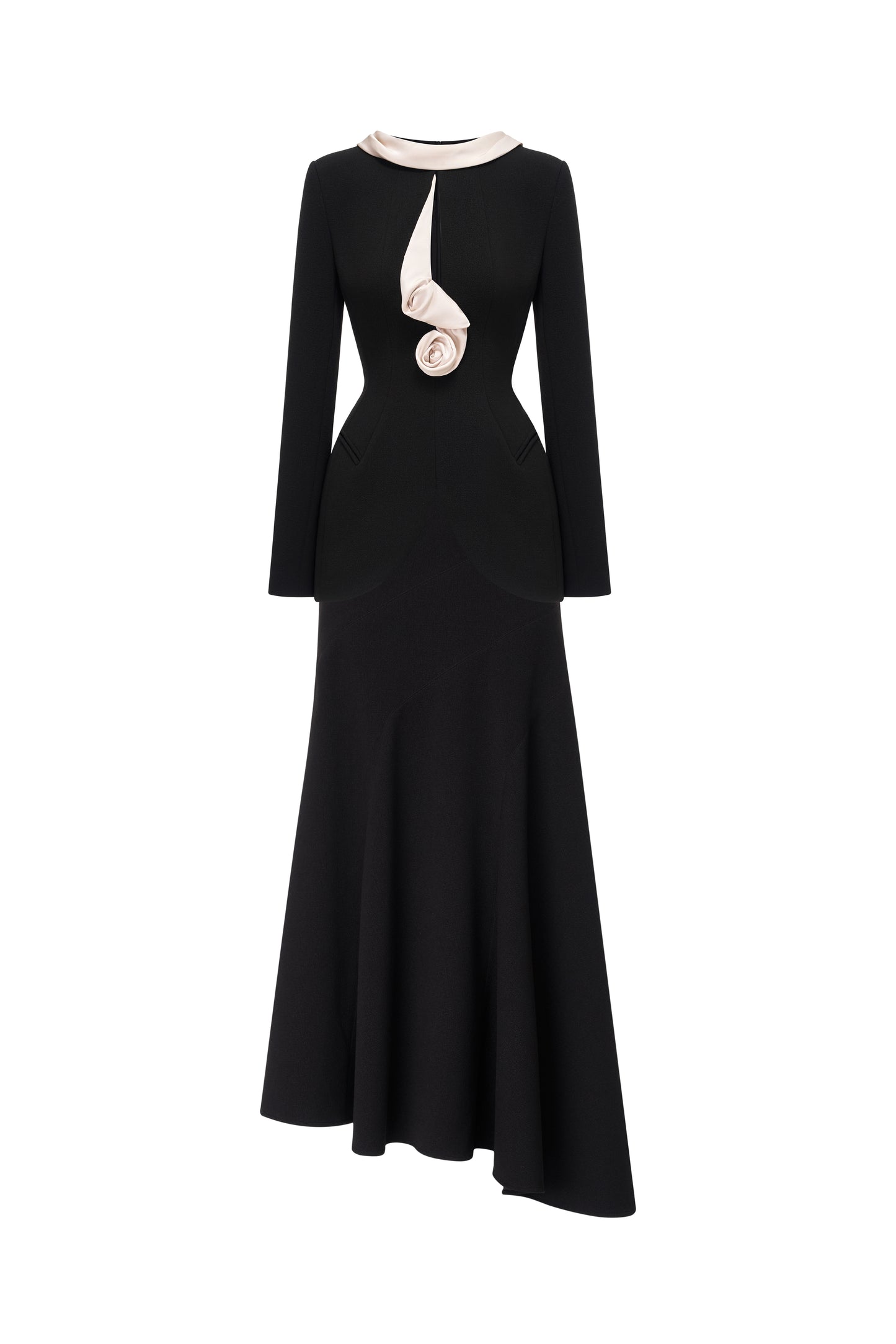 Black Vest with Draped Contrast Lapel Set (with Skirt)