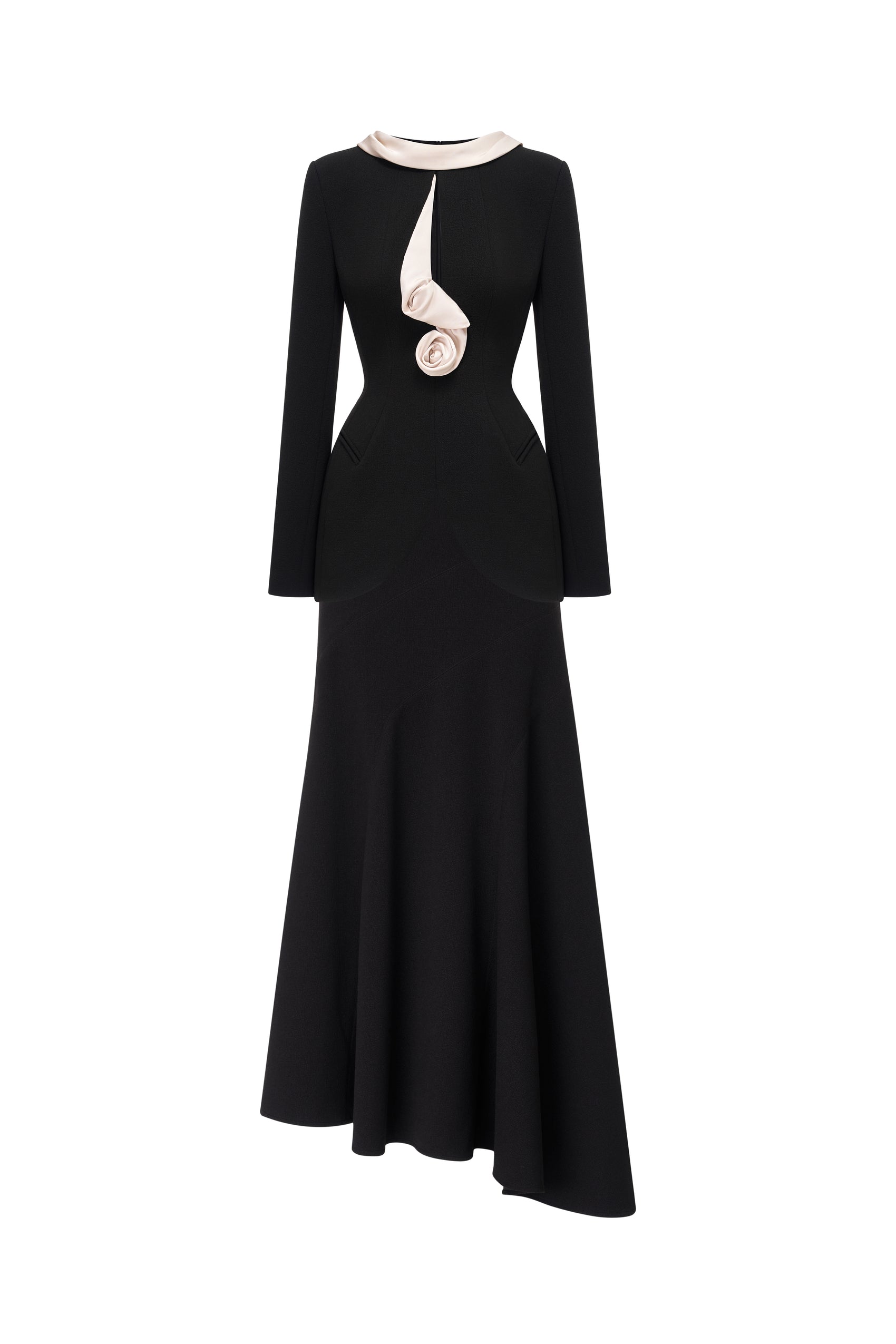 Black Vest with Draped Contrast Lapel Set (with Skirt)