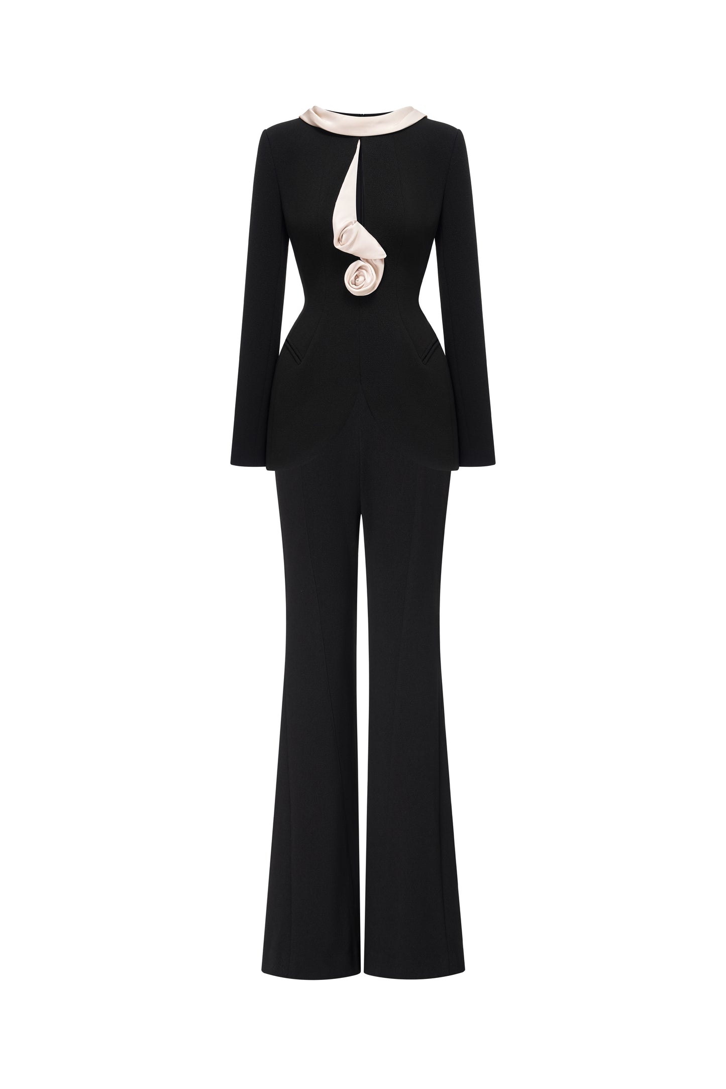 Black Vest with Draped Contrast Lapel Set (with Pants)