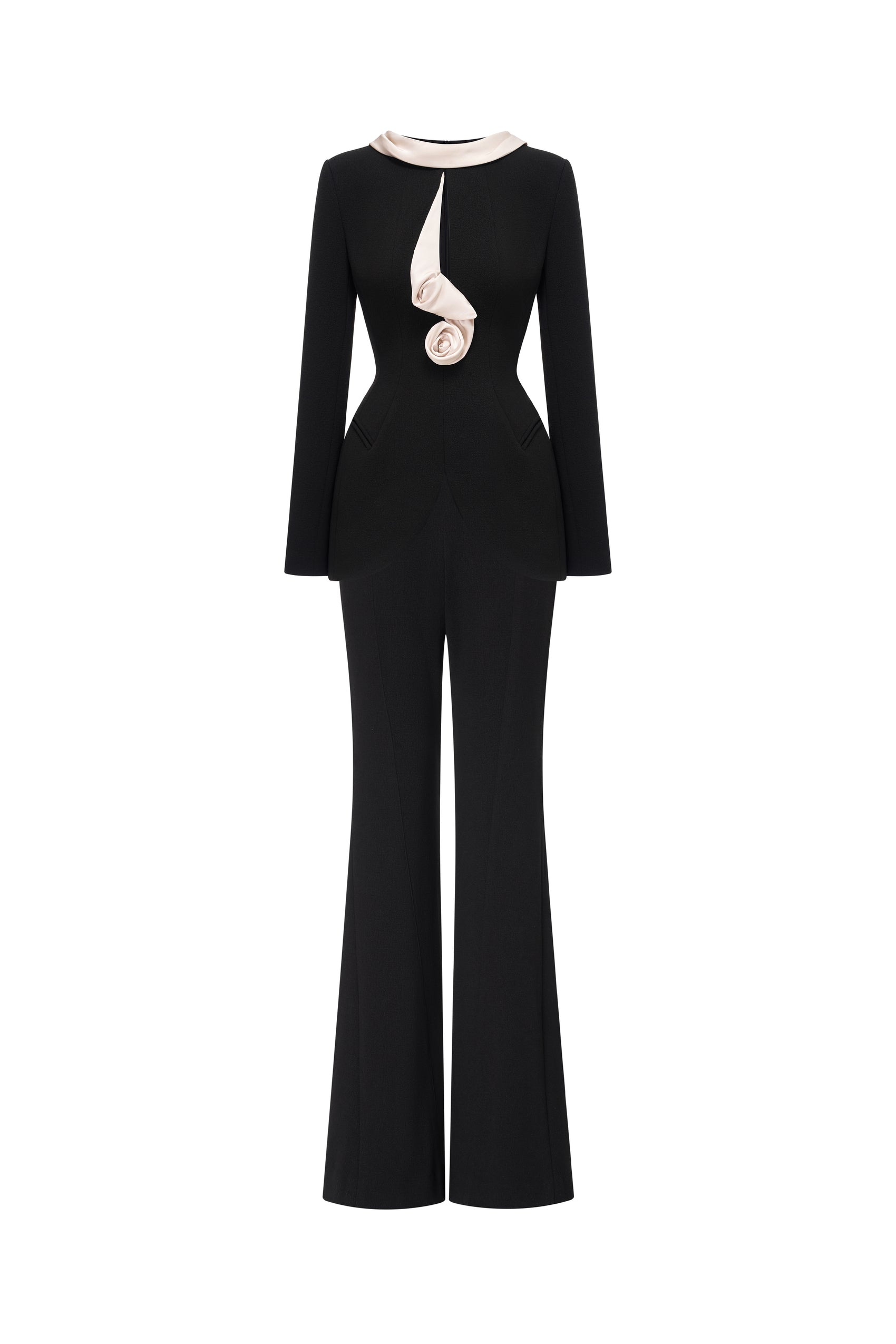Black Vest with Draped Contrast Lapel Set (with Pants)
