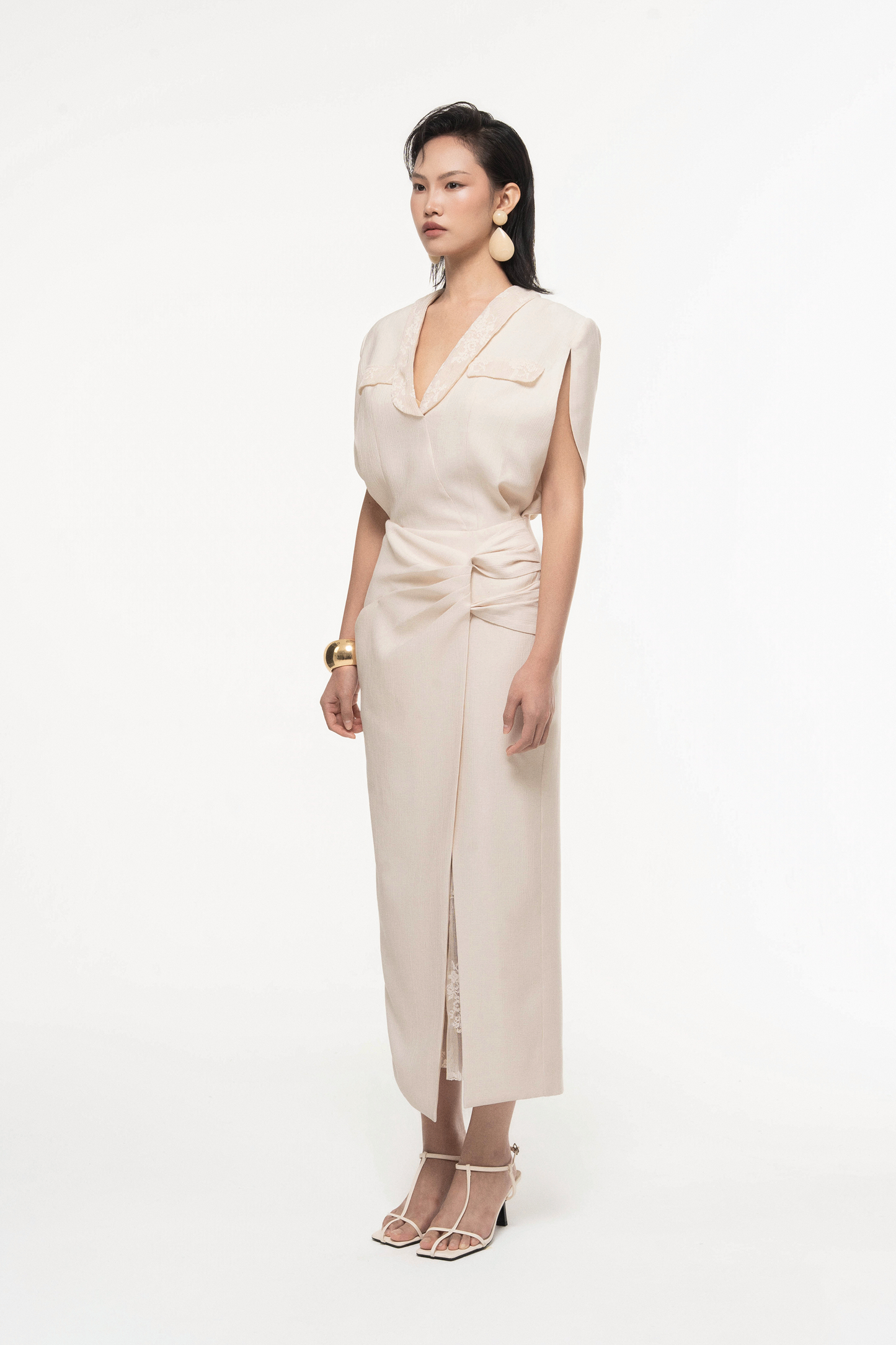 V-Neck Draped Midi Dress
