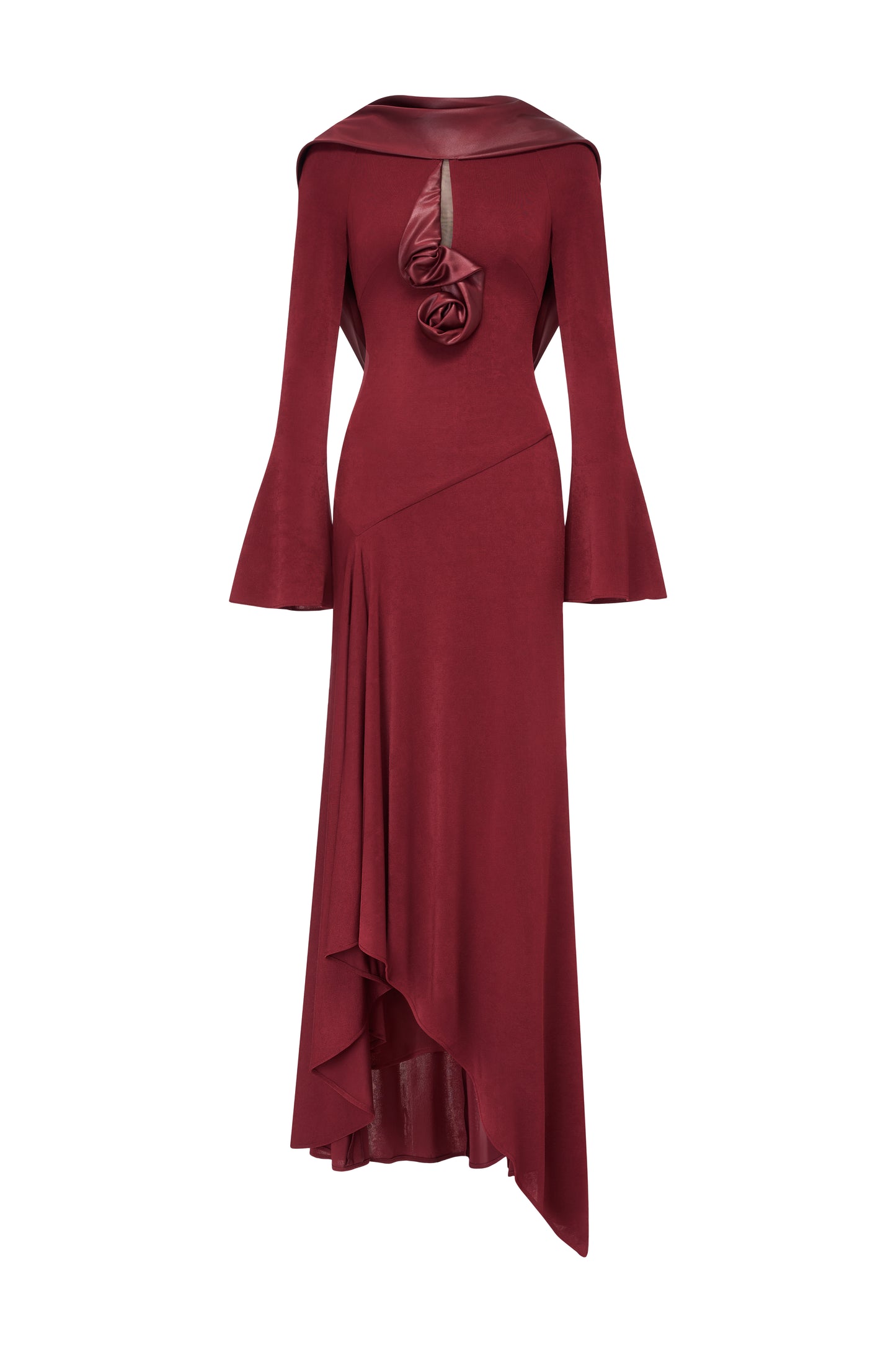 Scarf-Neck Midi Dress with Floral Accent