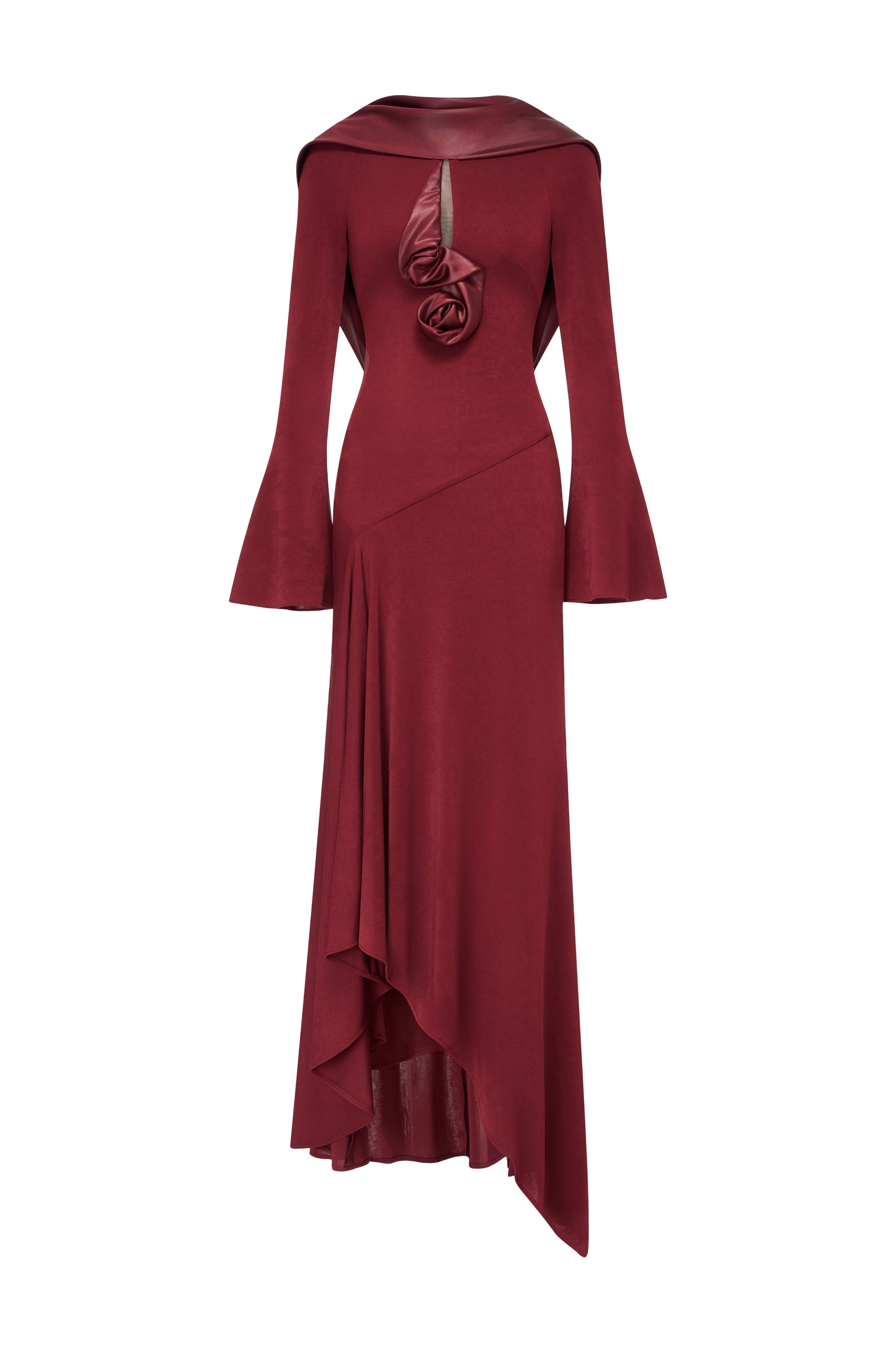 Scarf-Neck Midi Dress with Floral Accent