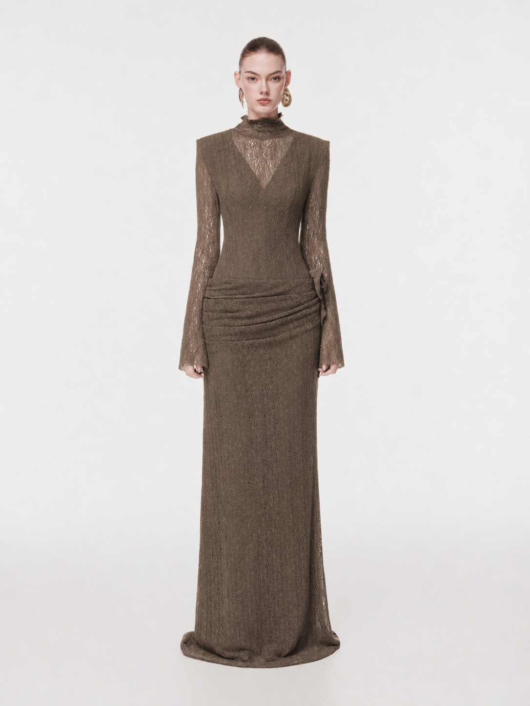 Sheer Lace Evening Gown with 3D Floral
