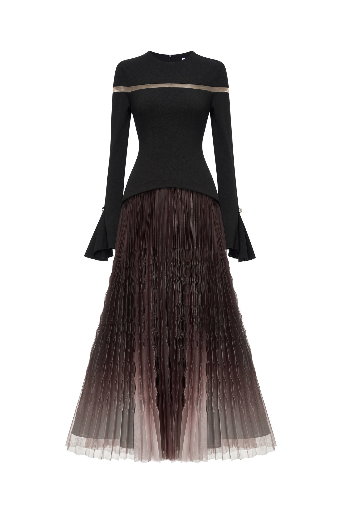 Cut-Out Shoulder Dress with Ombre Pleated Skirt