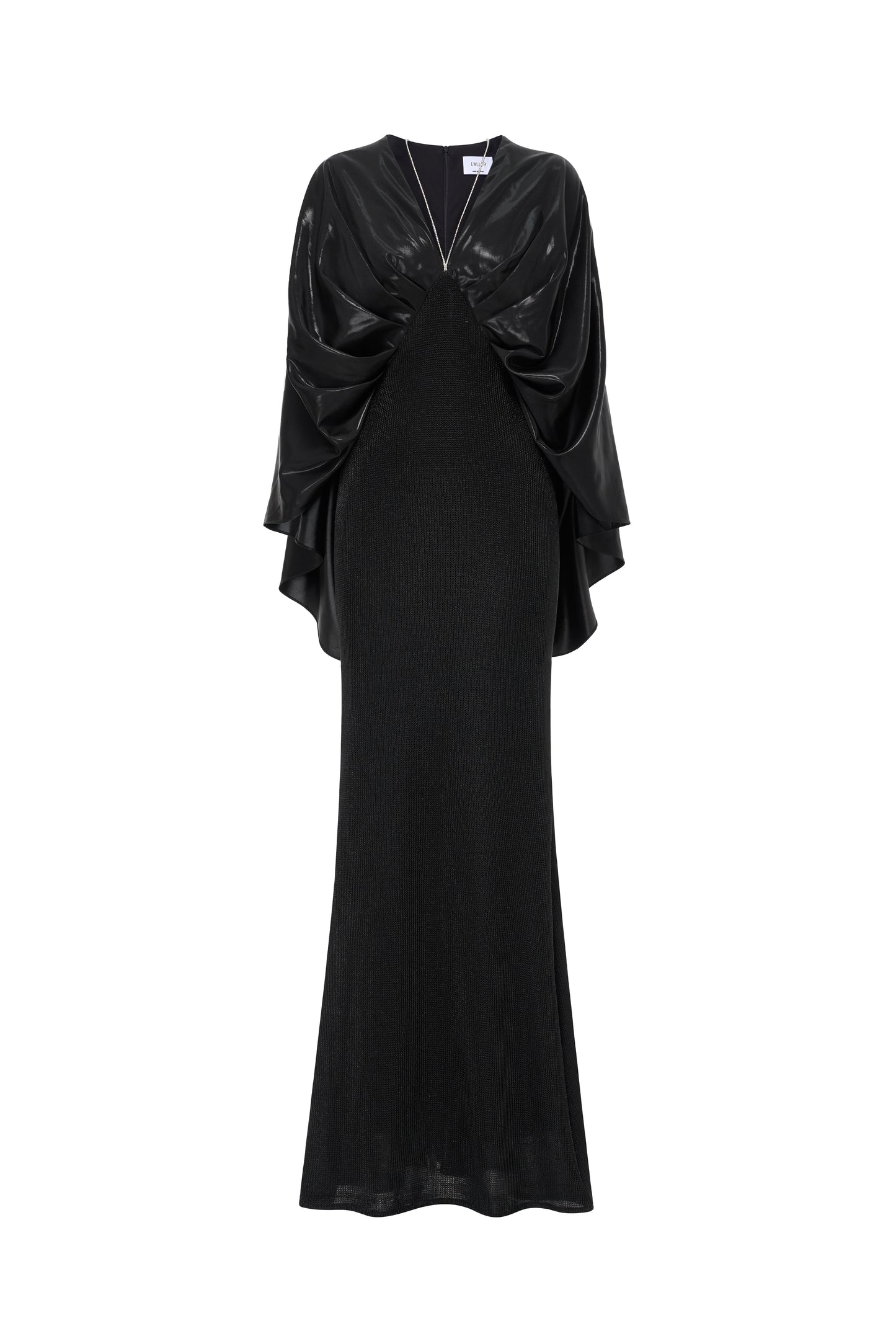 Black Draped V-Neck Gown with Crystal Strap