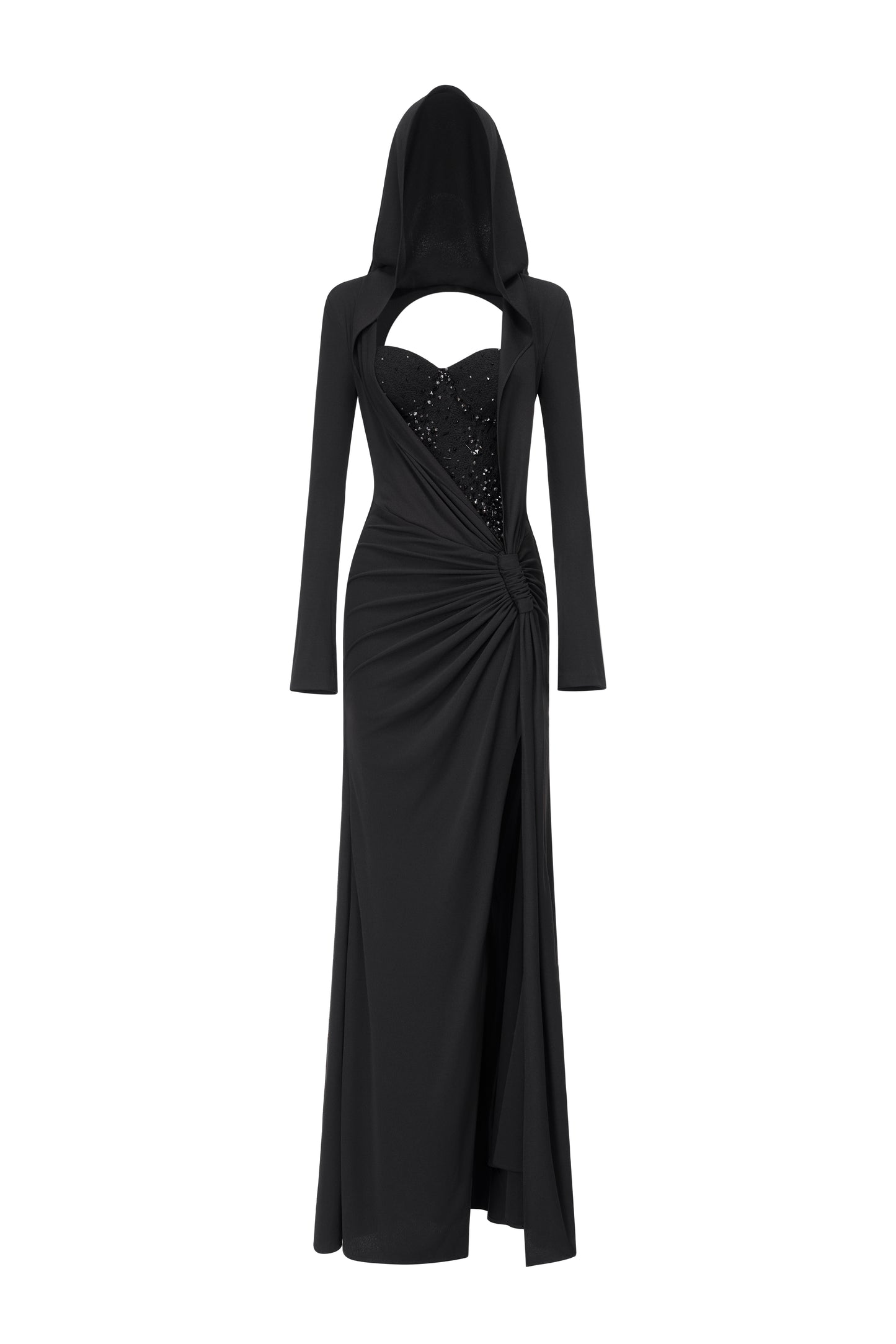 Hooded Draped Corset Evening Gown