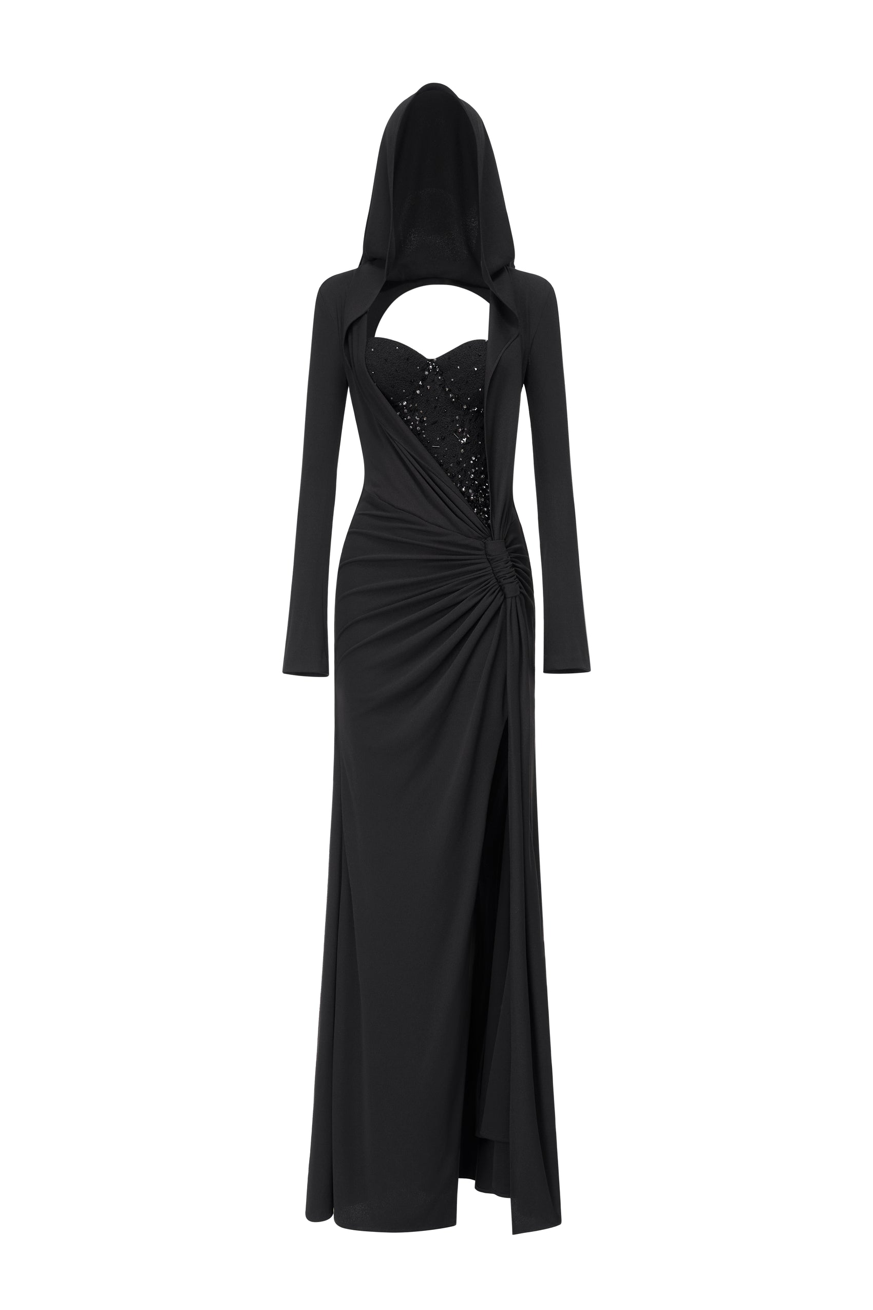 Hooded Draped Corset Evening Gown