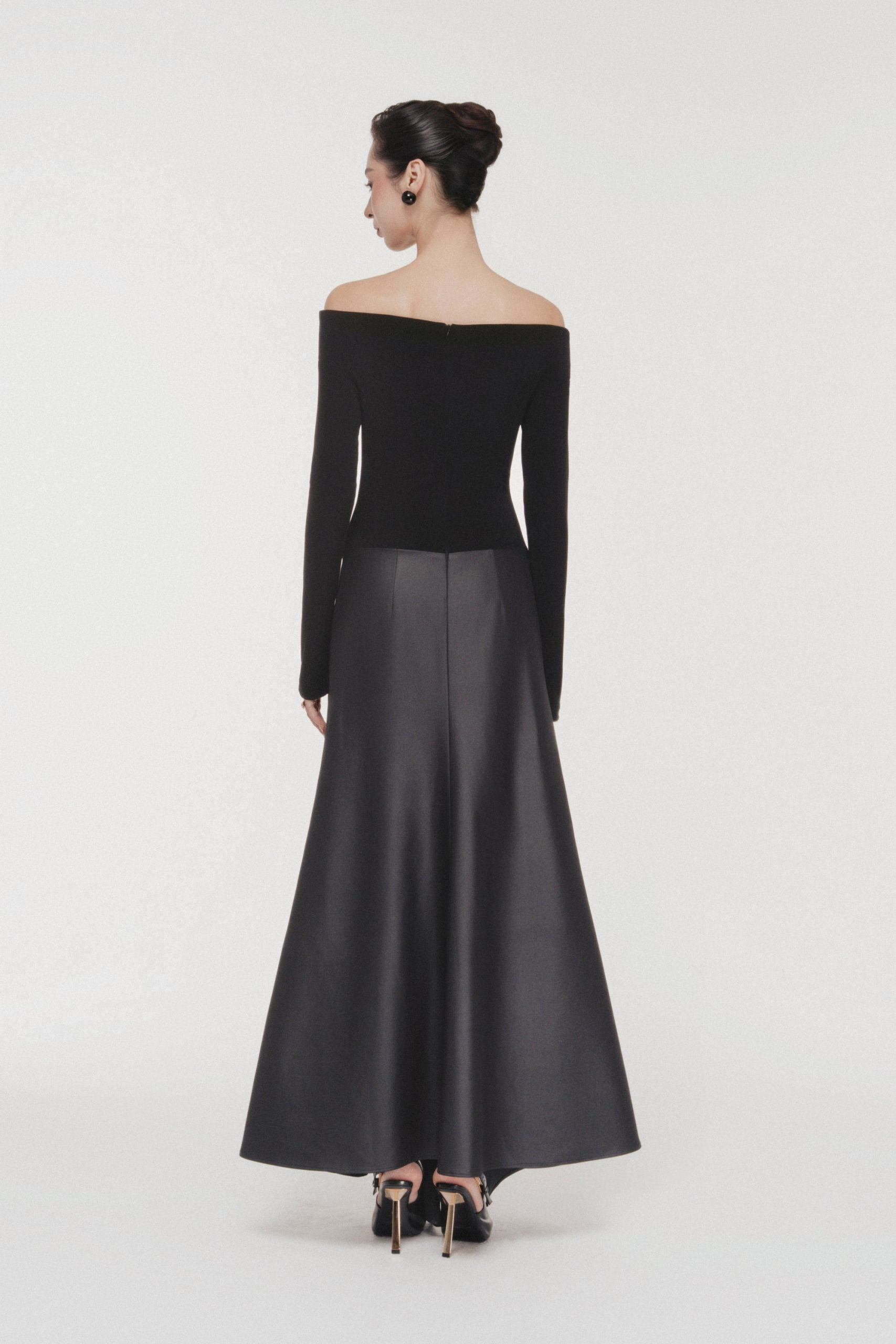 Asymmetric Off-Shoulder A-Line Midi in Black image 2