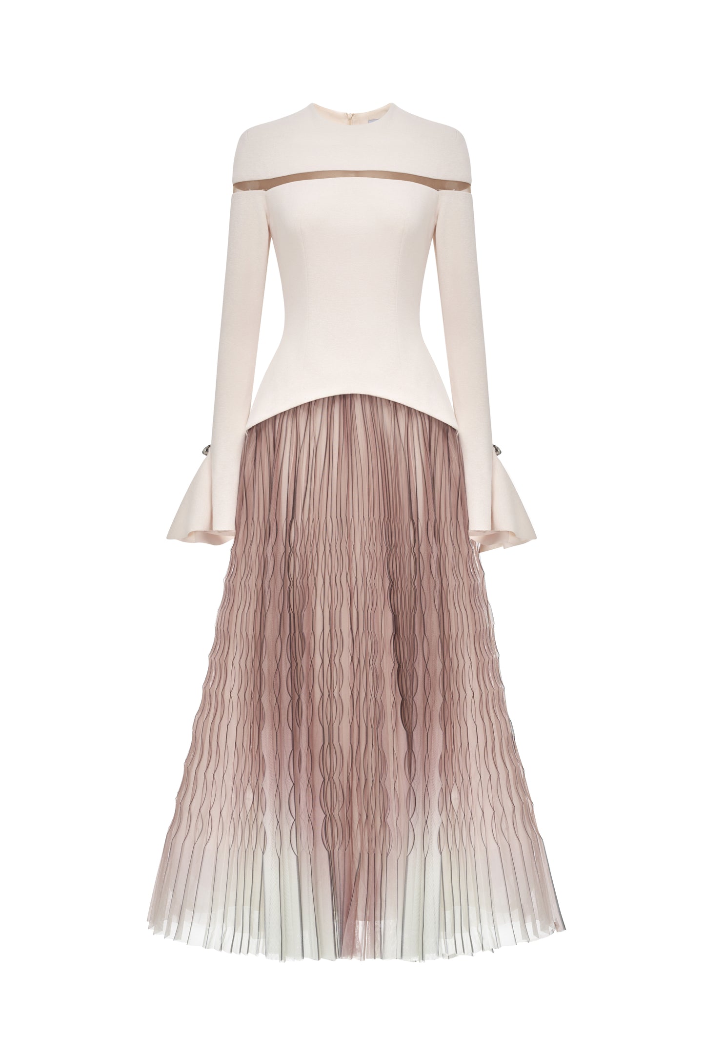 Cut-Out Shoulder Dress with Ombre Pleated Skirt