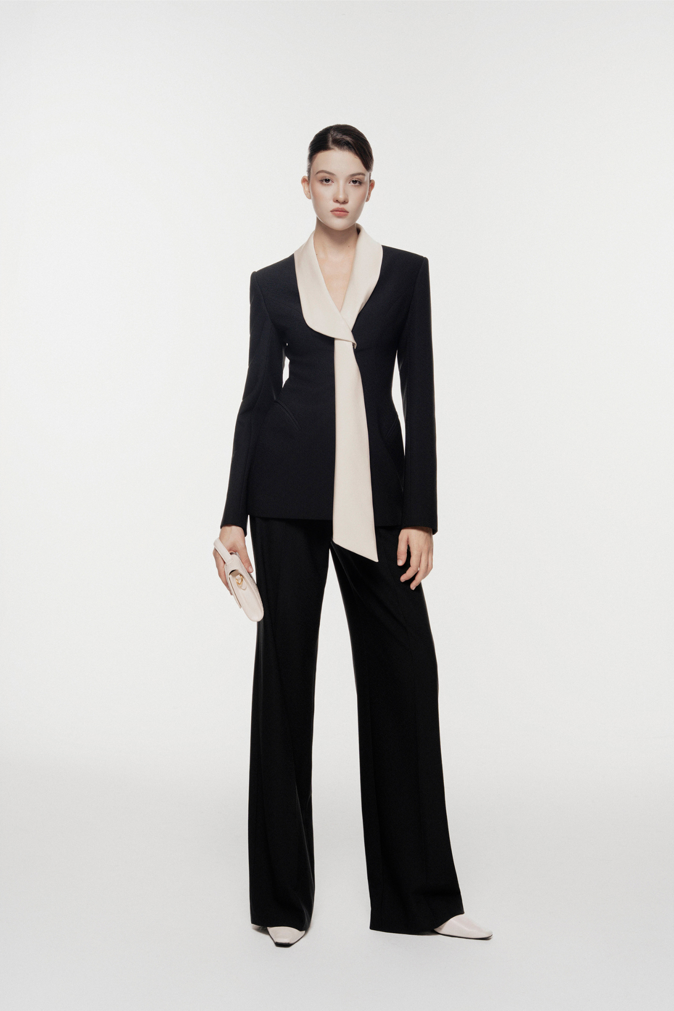 Silk-Scarf Lapel Tailored Set Design