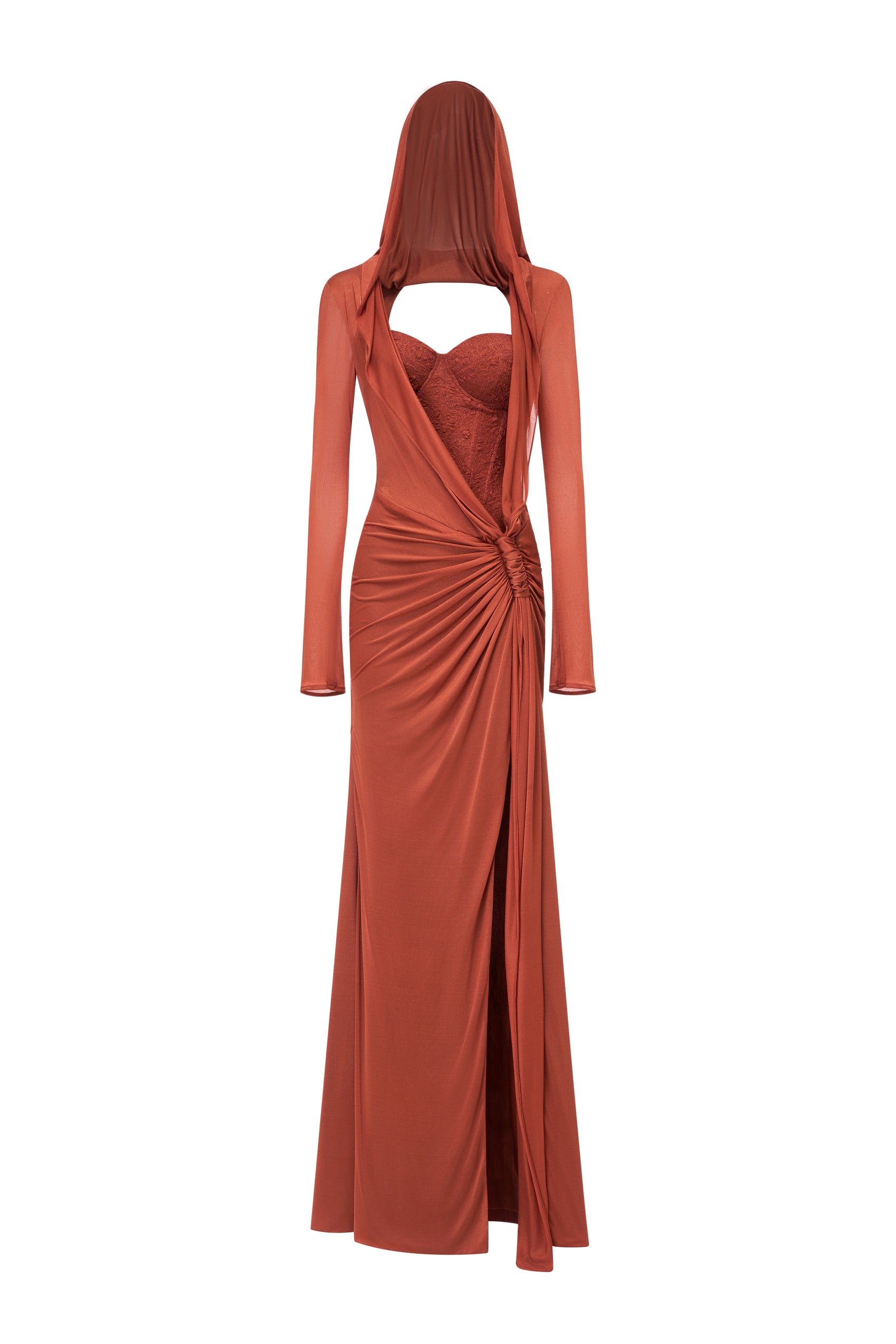 Hooded Draped Corset Evening Gown