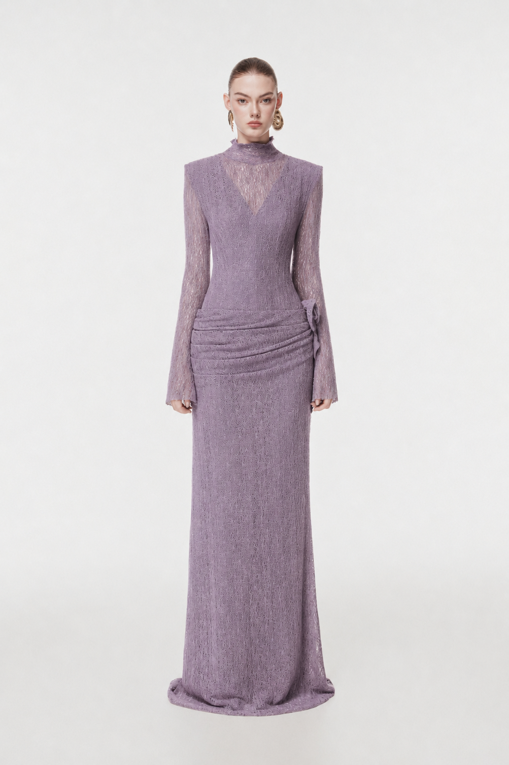 Sheer Lace Evening Gown with 3D Floral
