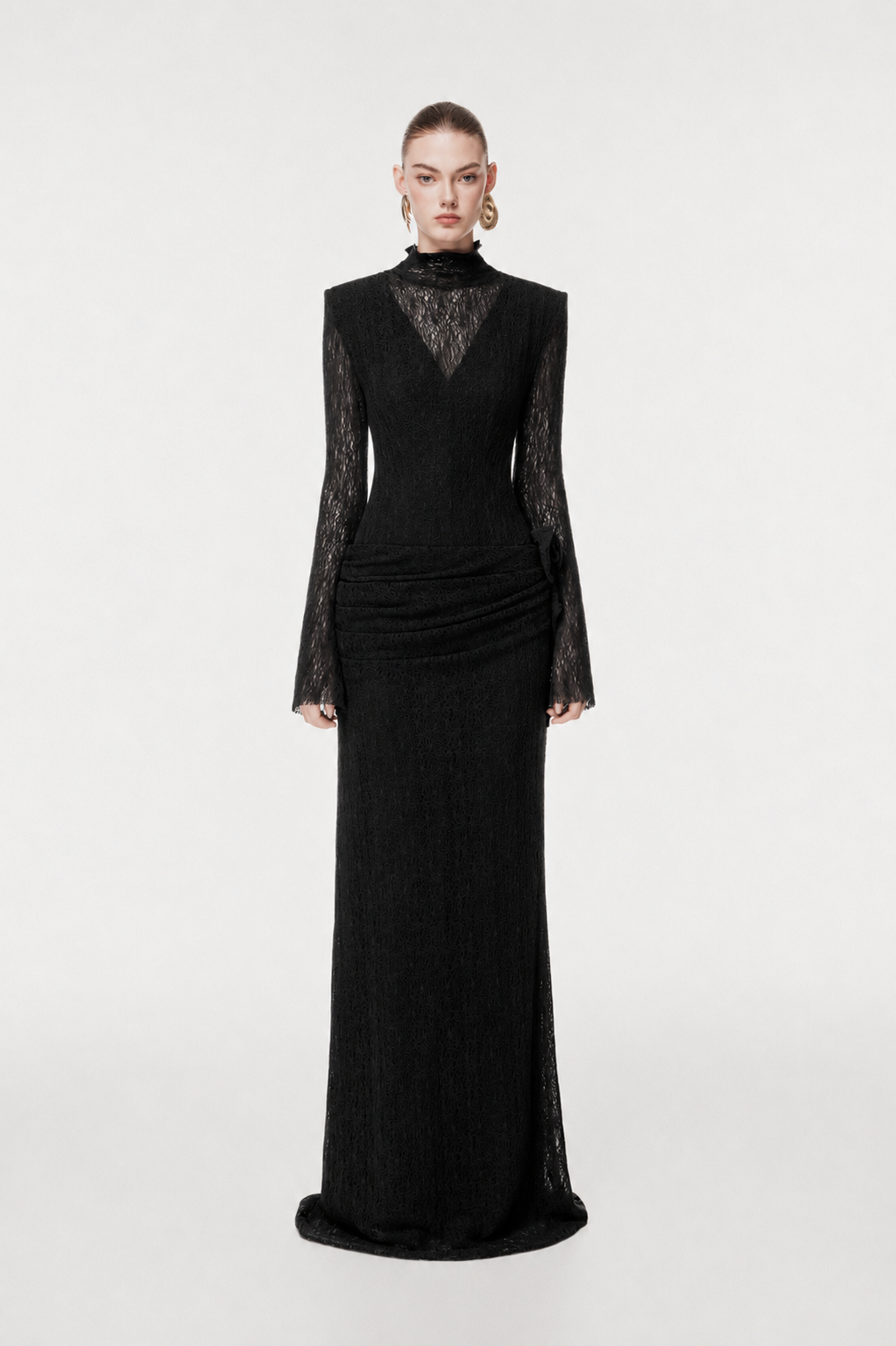 Sheer Lace Evening Gown with 3D Floral