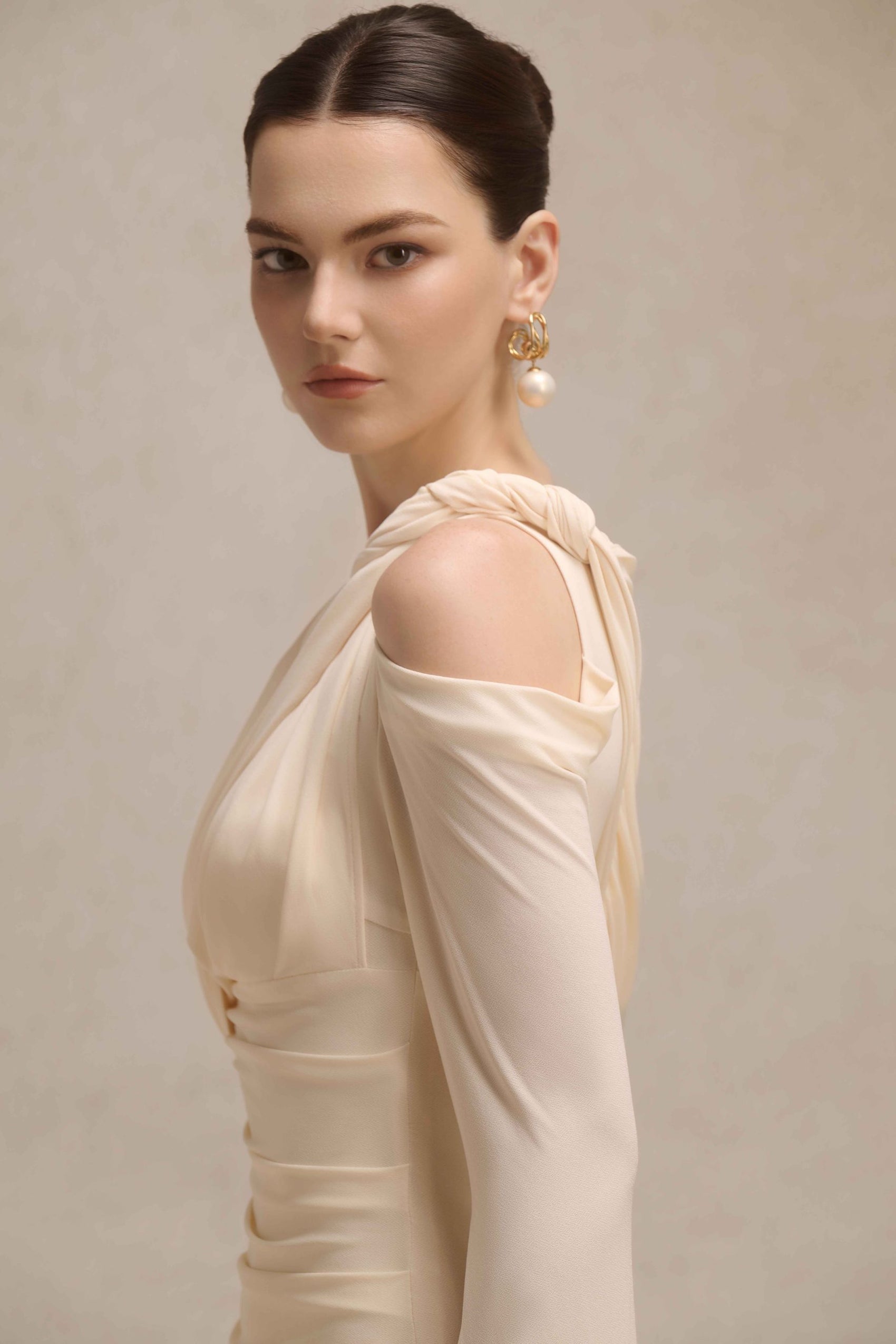 Orion Draped Shoulder Dress in Cream image 2