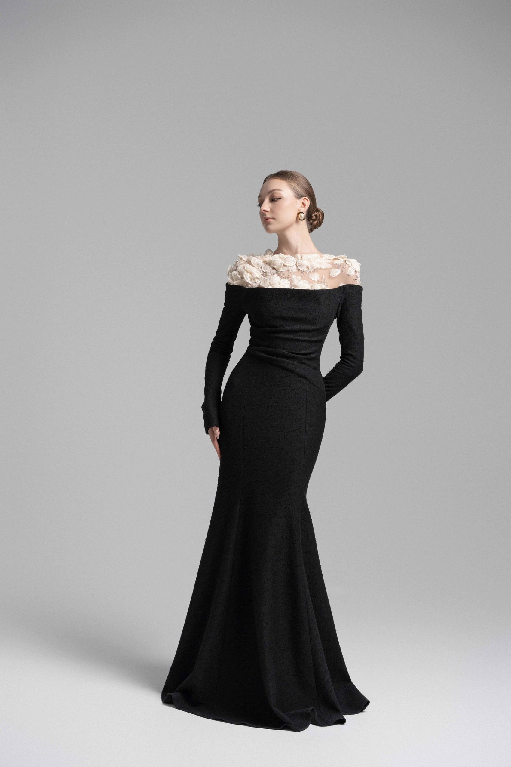 Celestia Draped Crystal Midi Dress in Black image 1