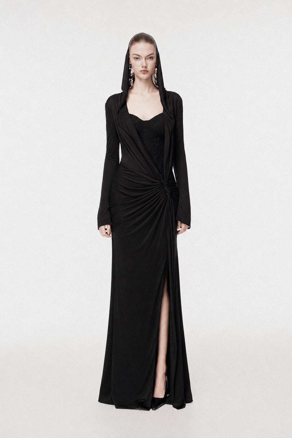 Hooded Draped Corset Evening Gown