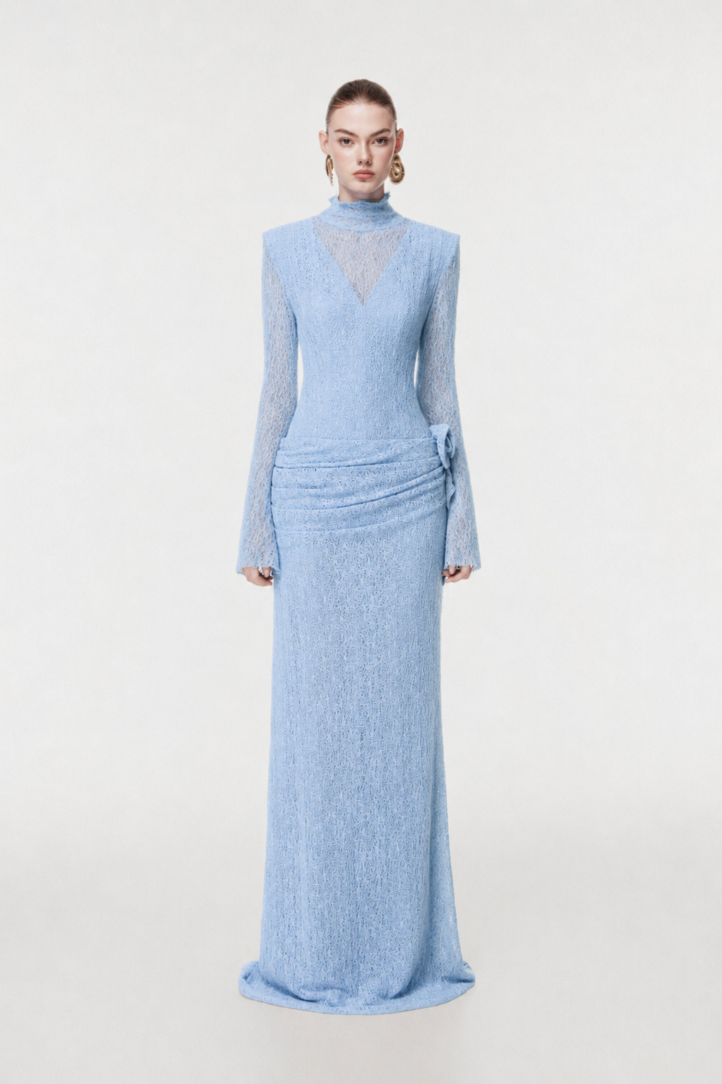 Sheer Lace Evening Gown with 3D Floral