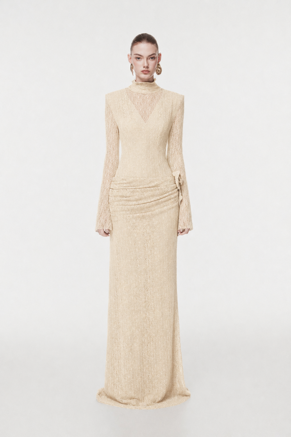 Sheer Lace Evening Gown with 3D Floral