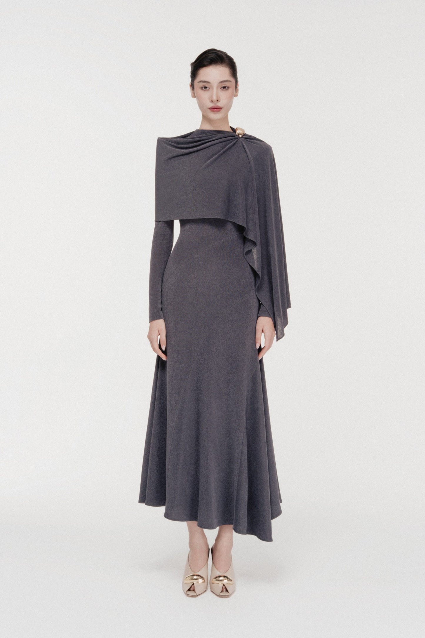 Sculpted High-Neck Fishtail Midi in Bezel image 0