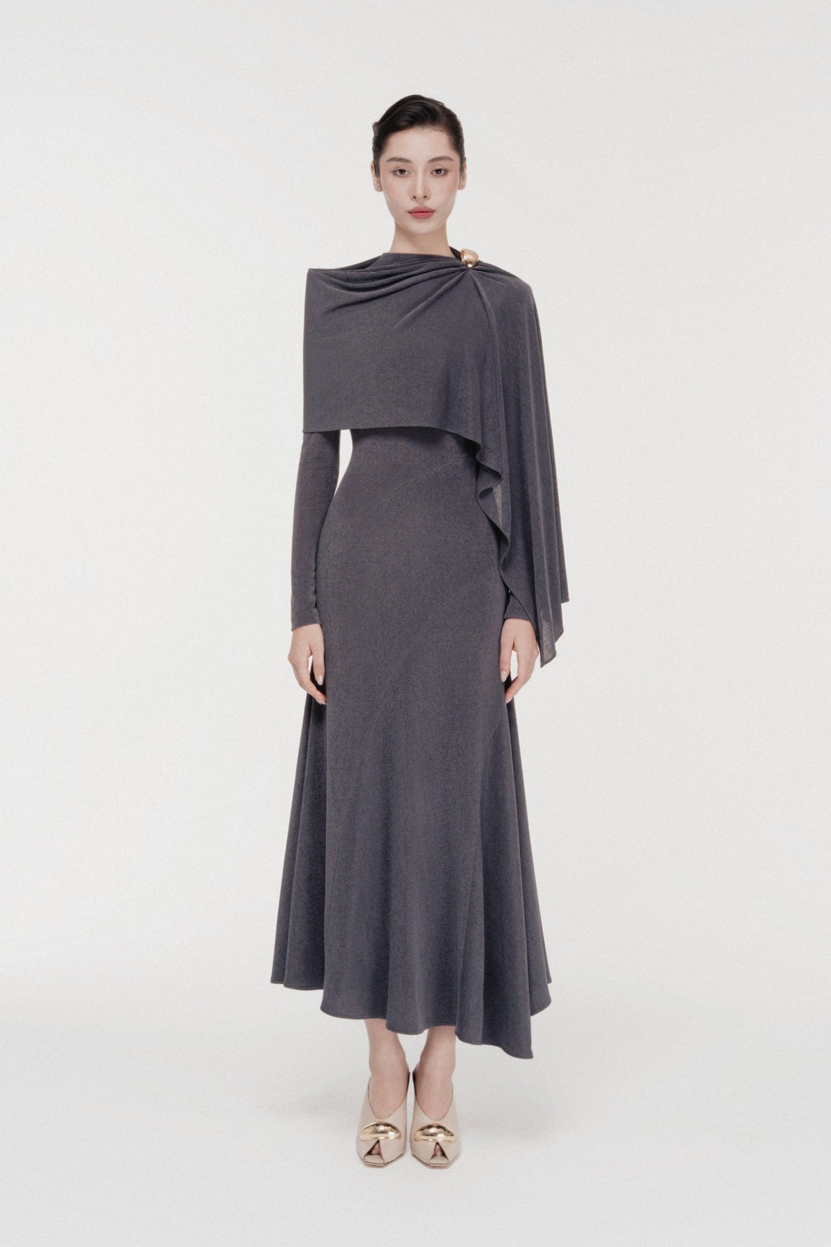 Sculpted High-Neck Fishtail Midi in Bezel image 0