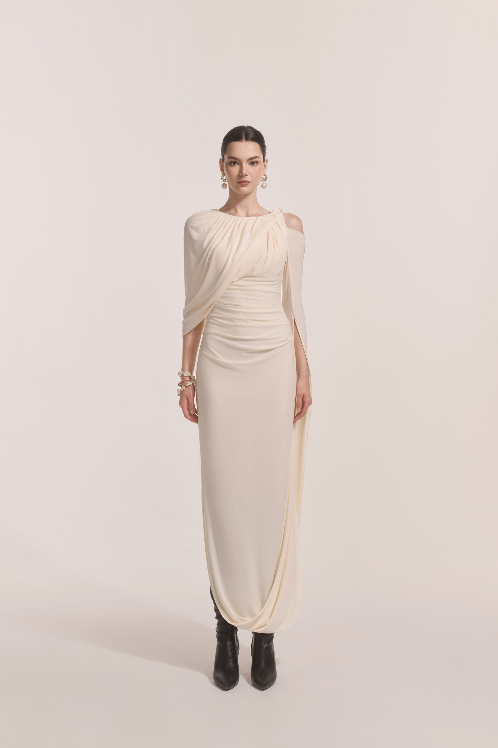 Orion Draped Shoulder Dress in Cream image 0