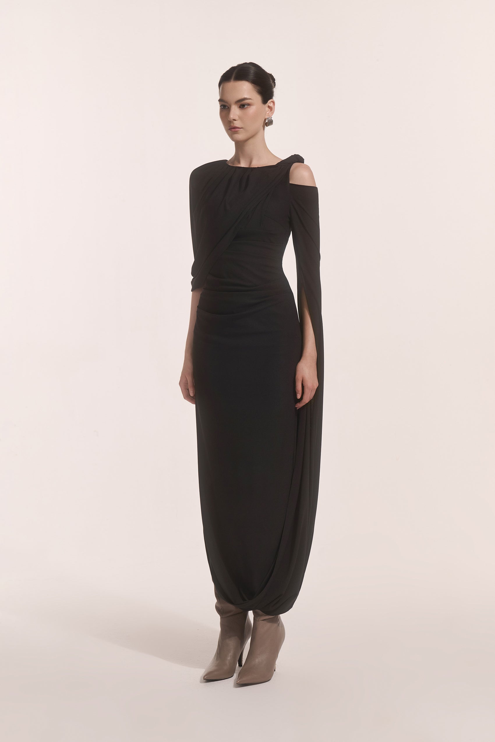 Orion Draped Shoulder Dress in Black