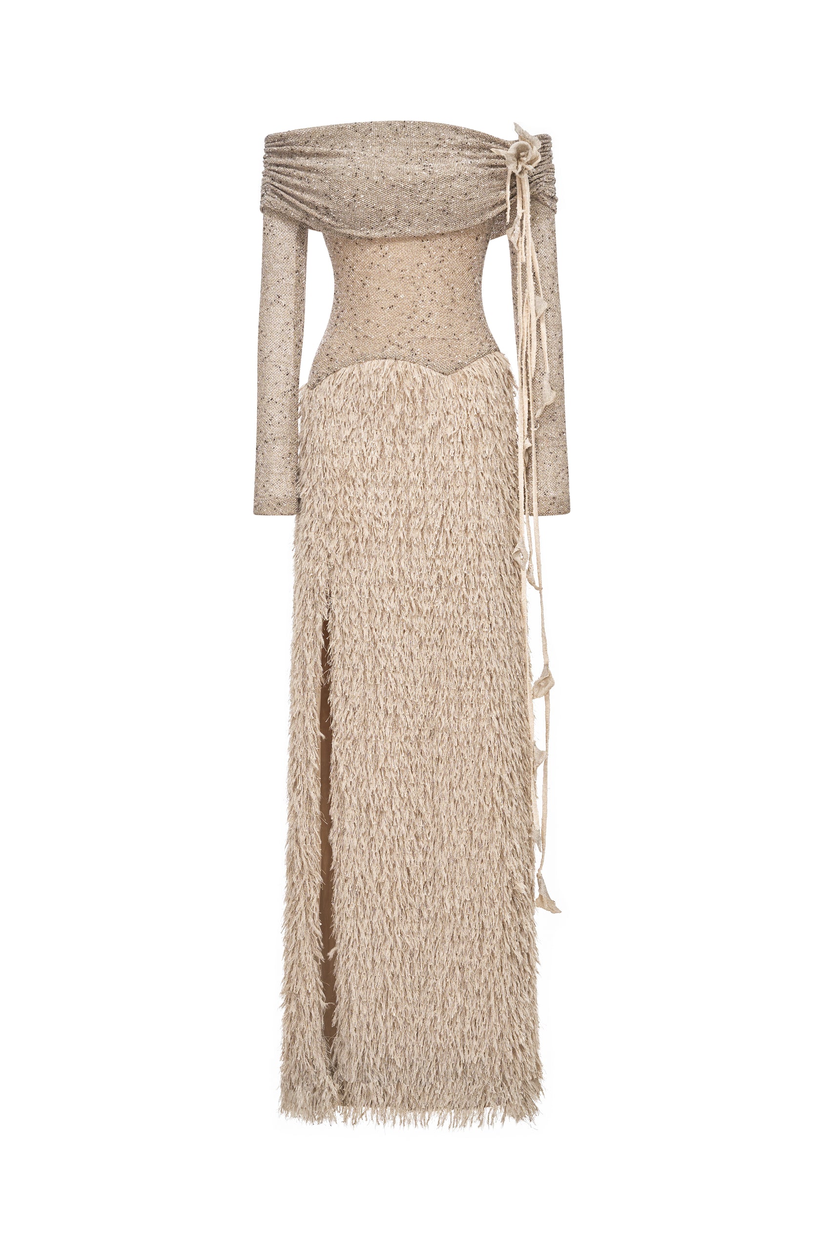 Feathered Off-Shoulder Midi Dress