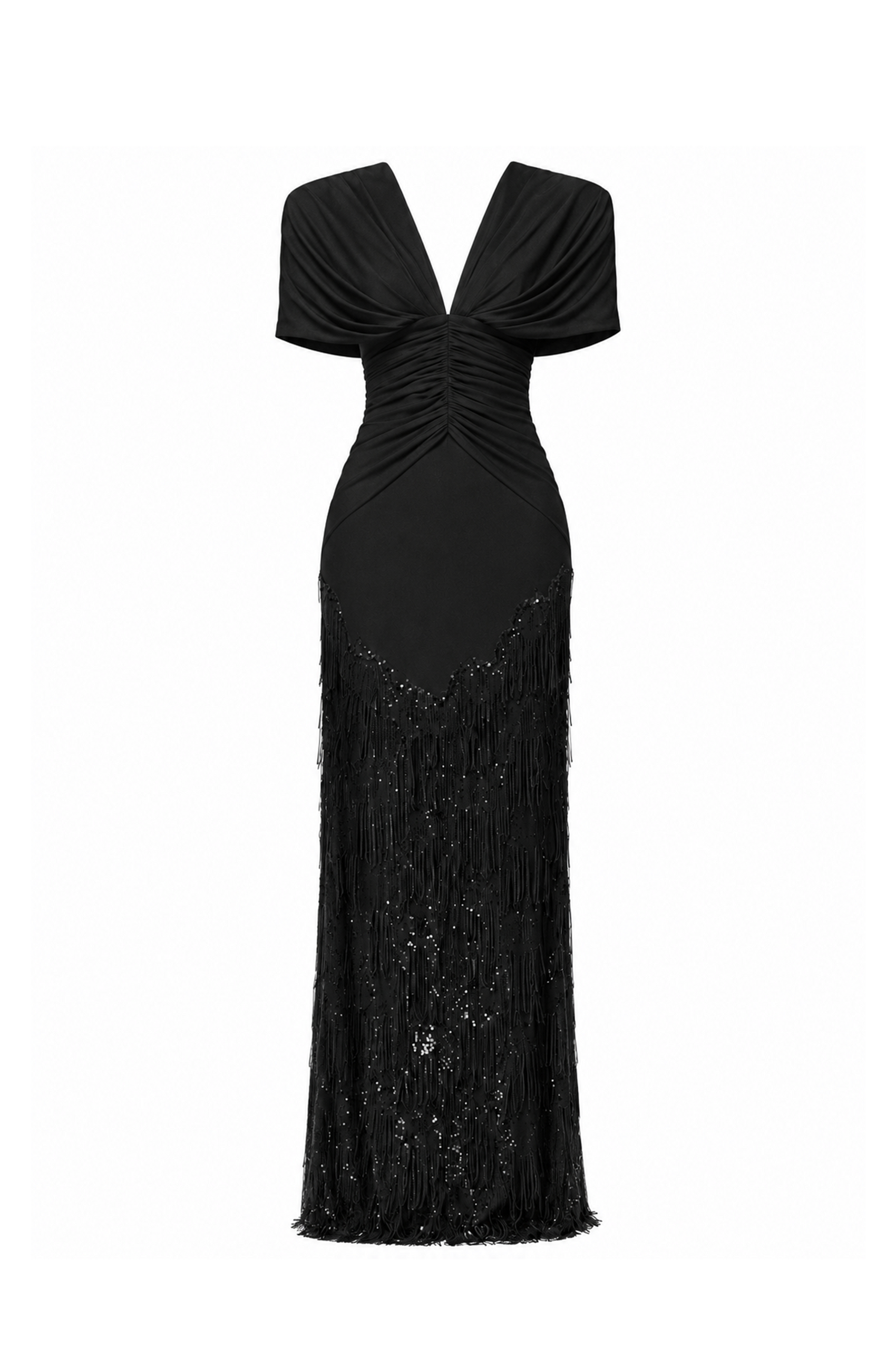 Deep V Fringe-Trimmed Long Dress