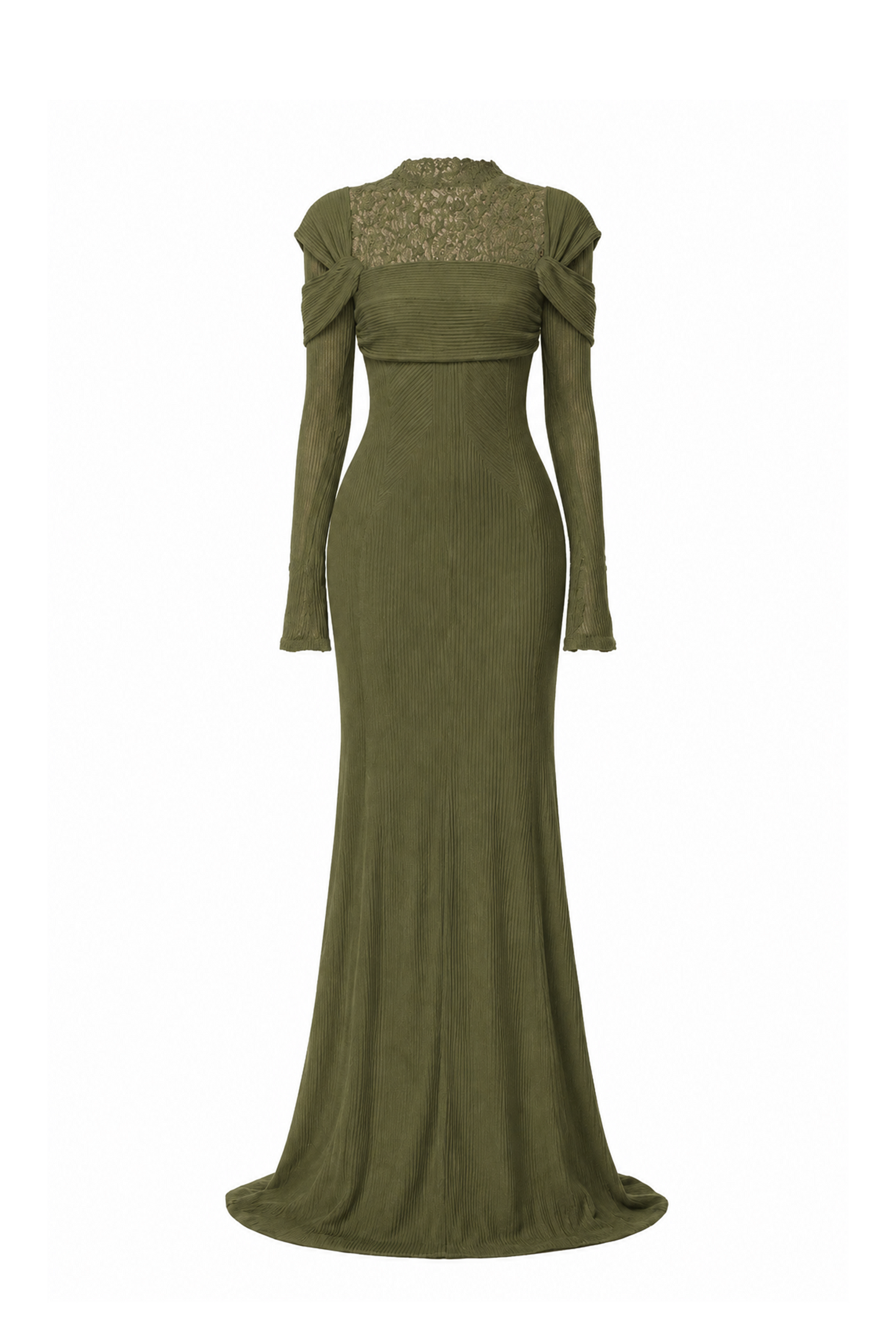High-Neck Lace Draped Mermaid Gown