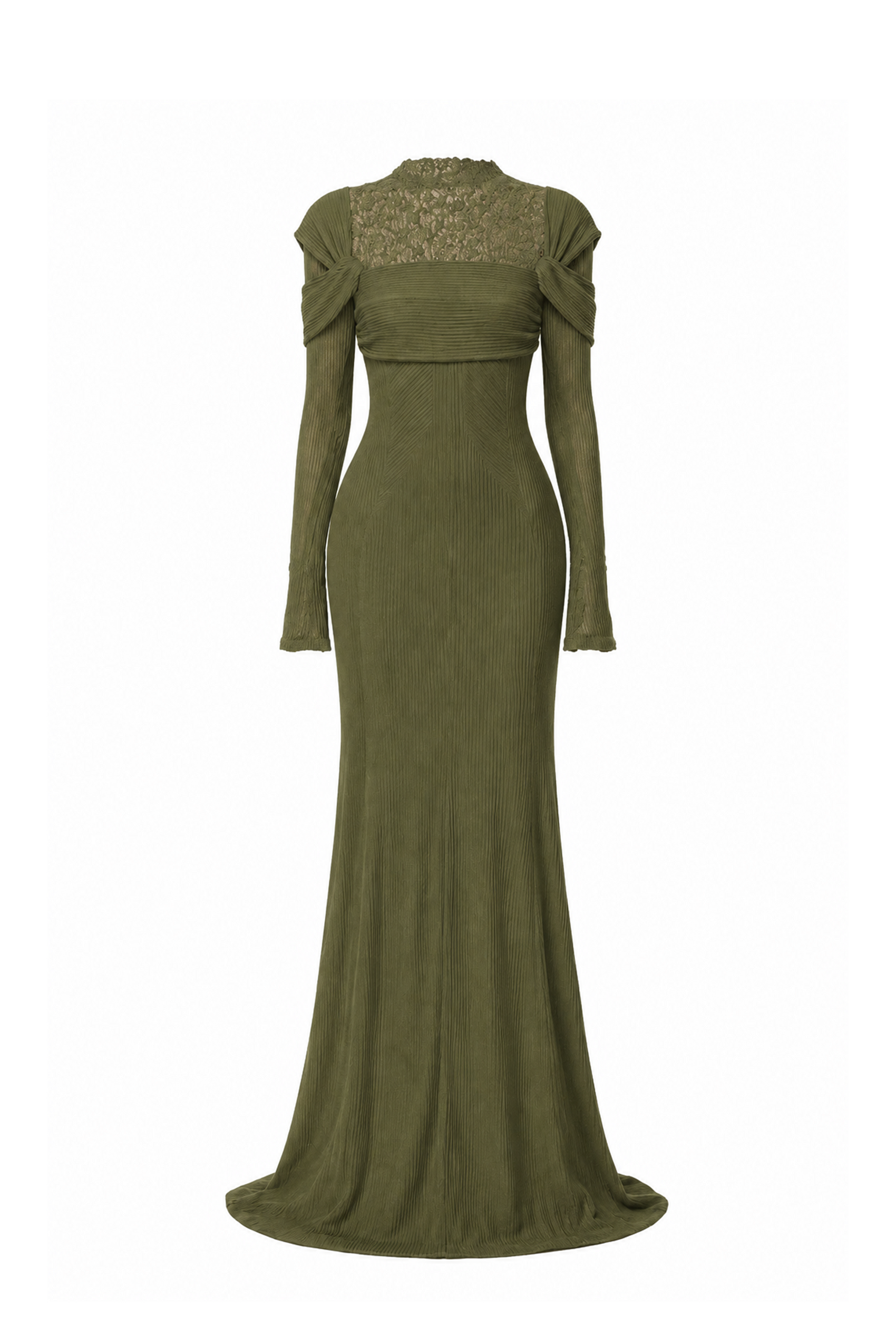 High-Neck Lace Draped Mermaid Gown