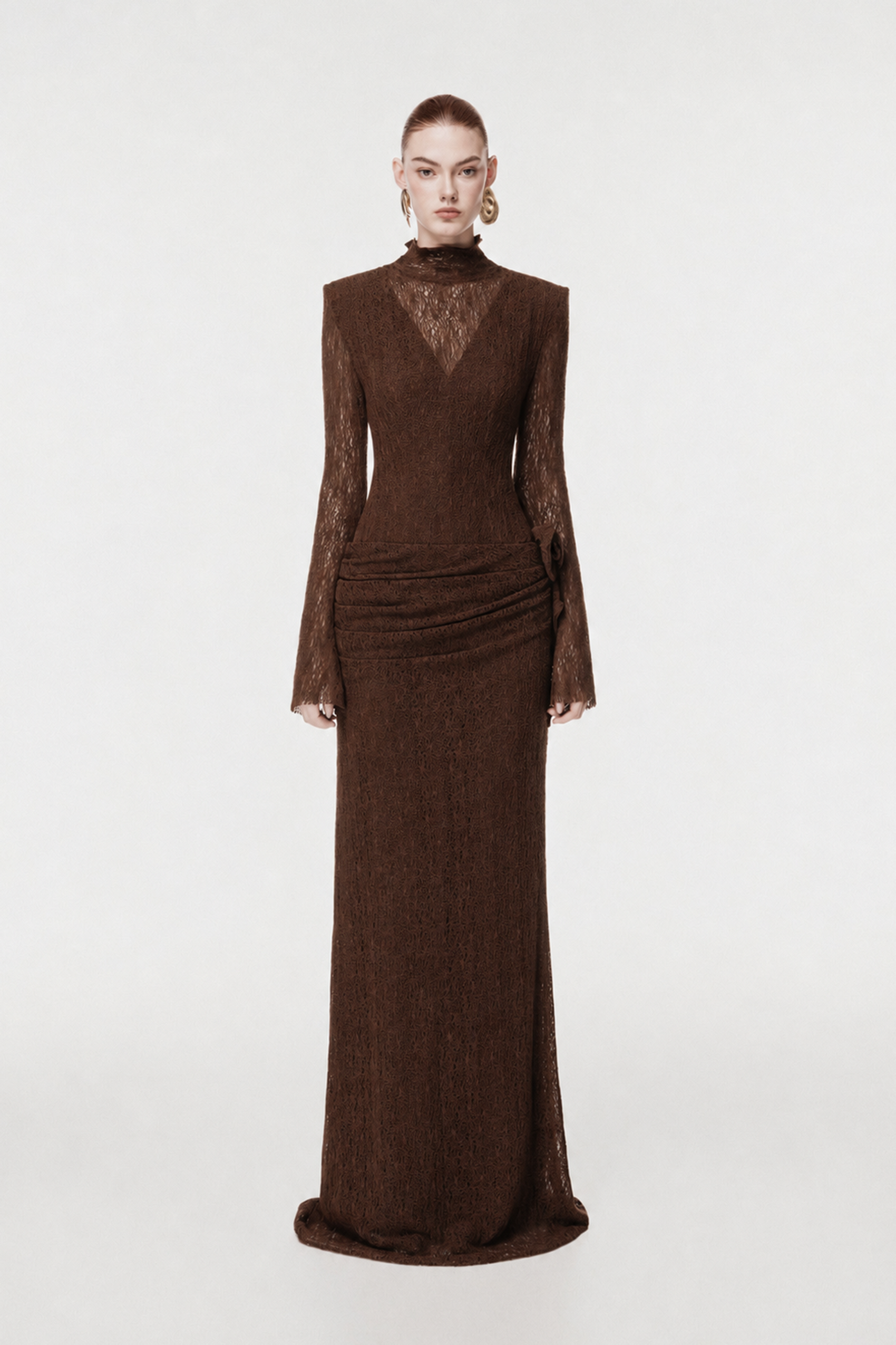 Sheer Lace Evening Gown with 3D Floral