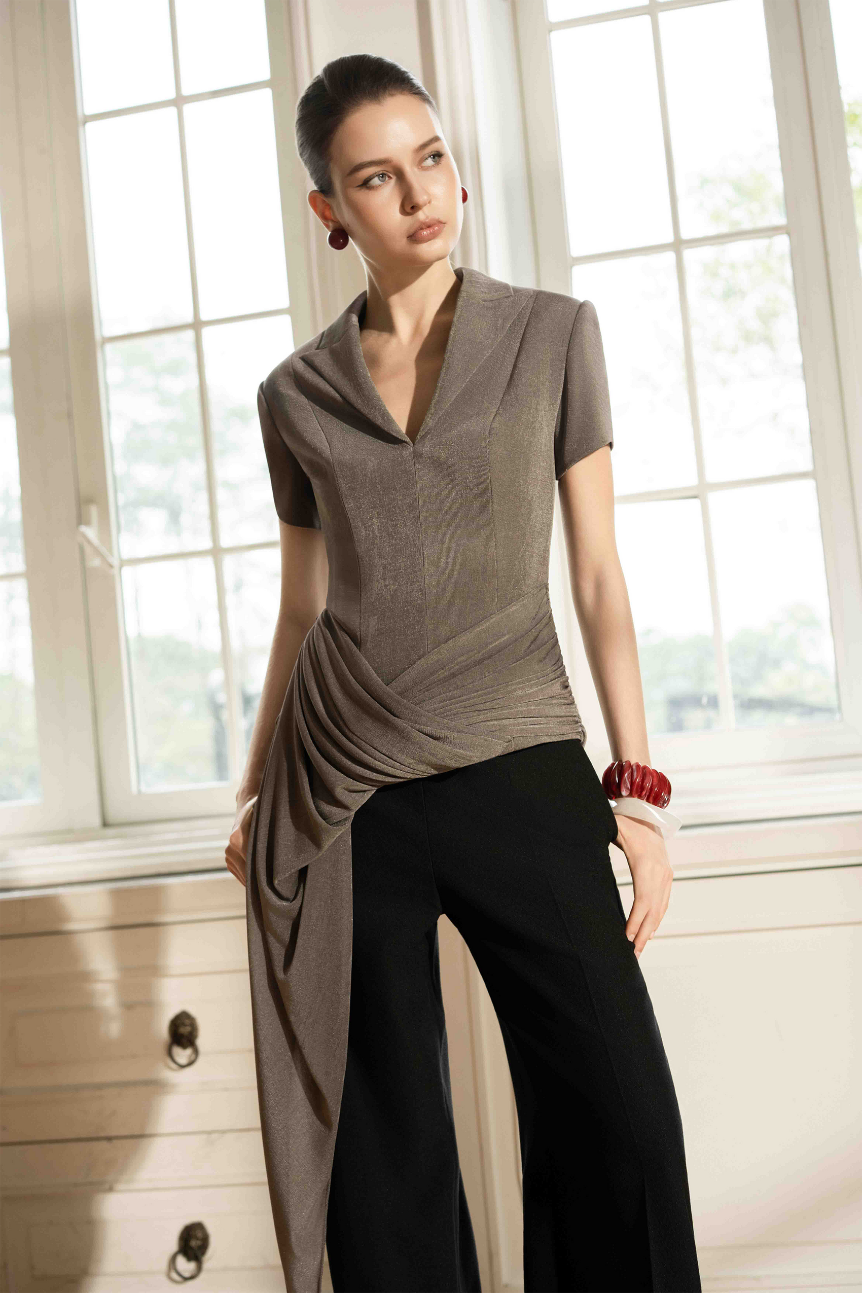Asymmetric Draped V-Neck Set in Ash
