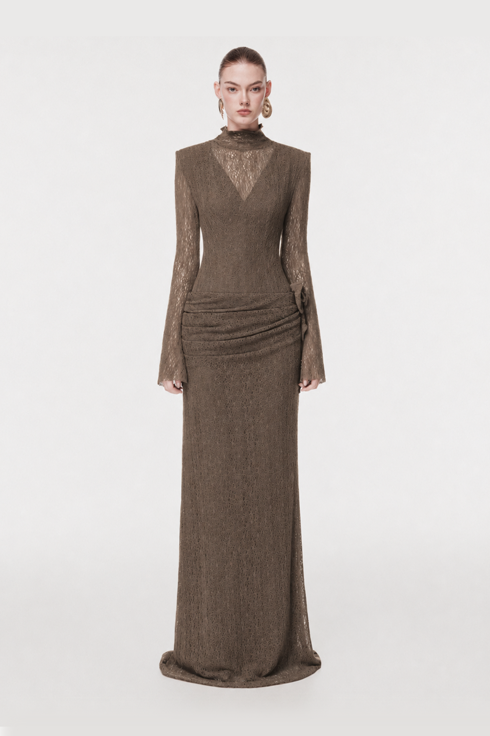 Sheer Lace Evening Gown with 3D Floral