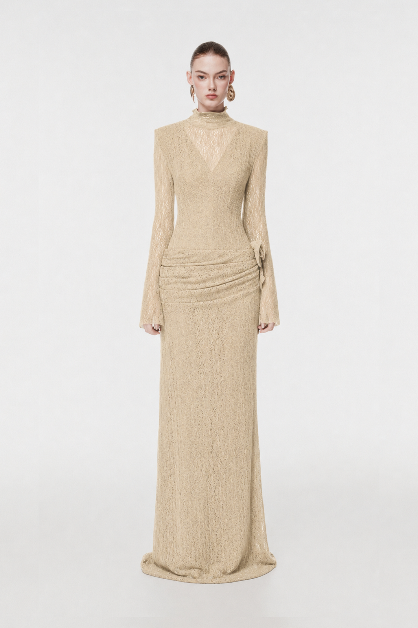 Sheer Lace Evening Gown with 3D Floral