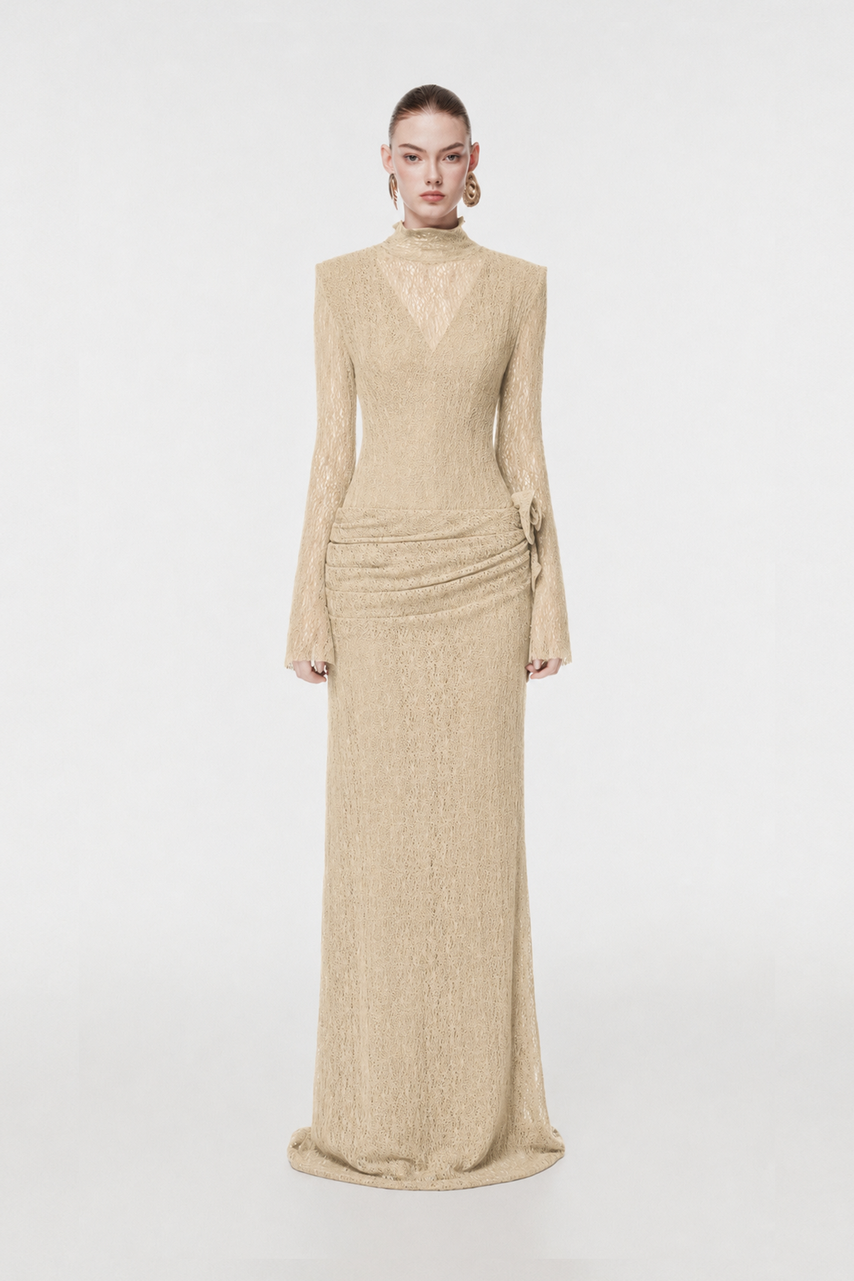Sheer Lace Evening Gown with 3D Floral