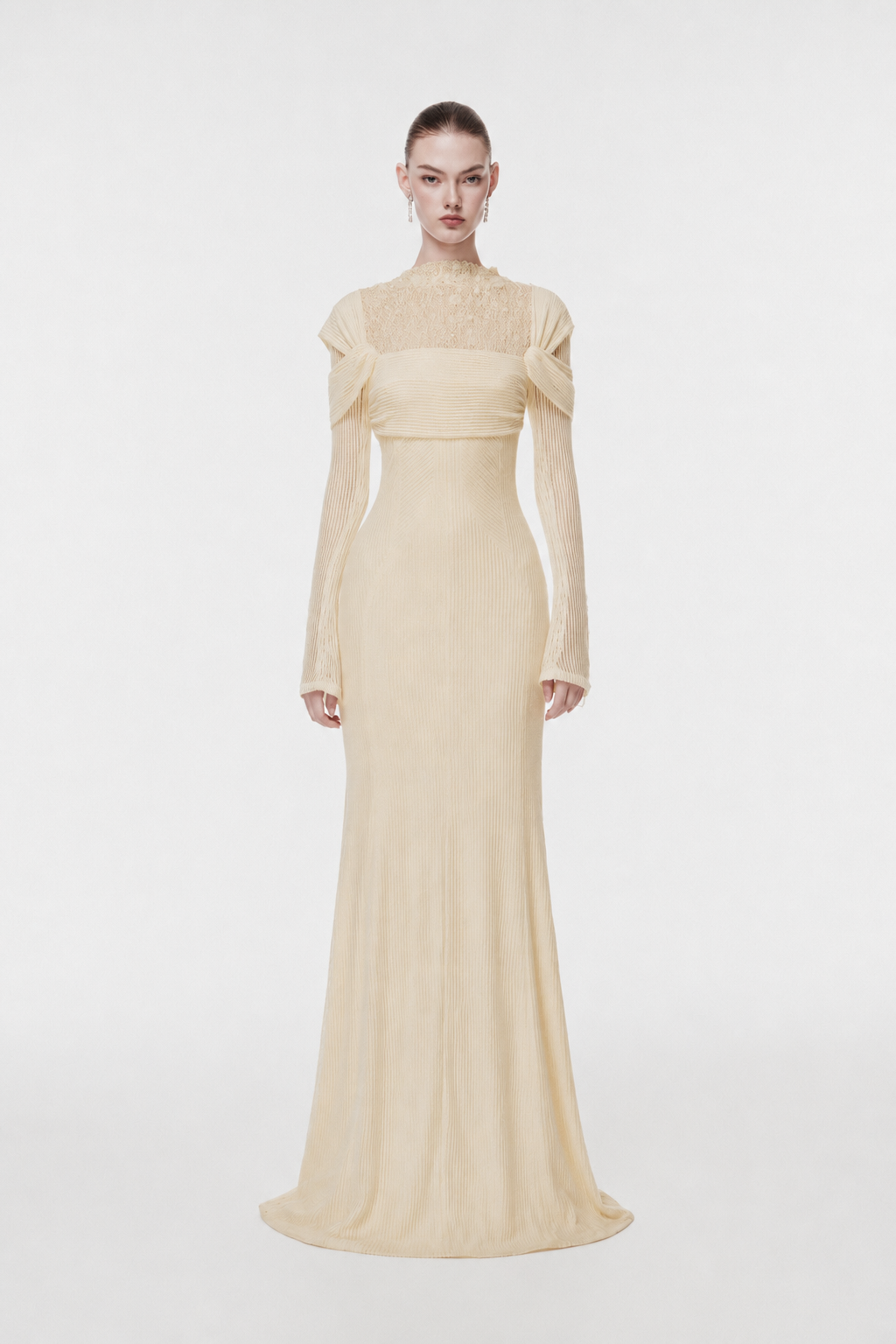 High-Neck Lace Draped Mermaid Gown