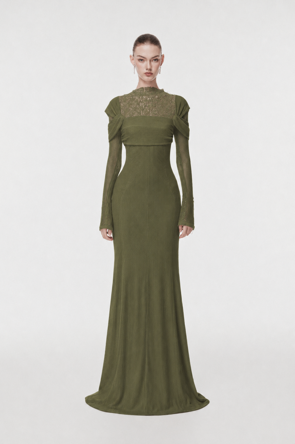 High-Neck Lace Draped Mermaid Gown