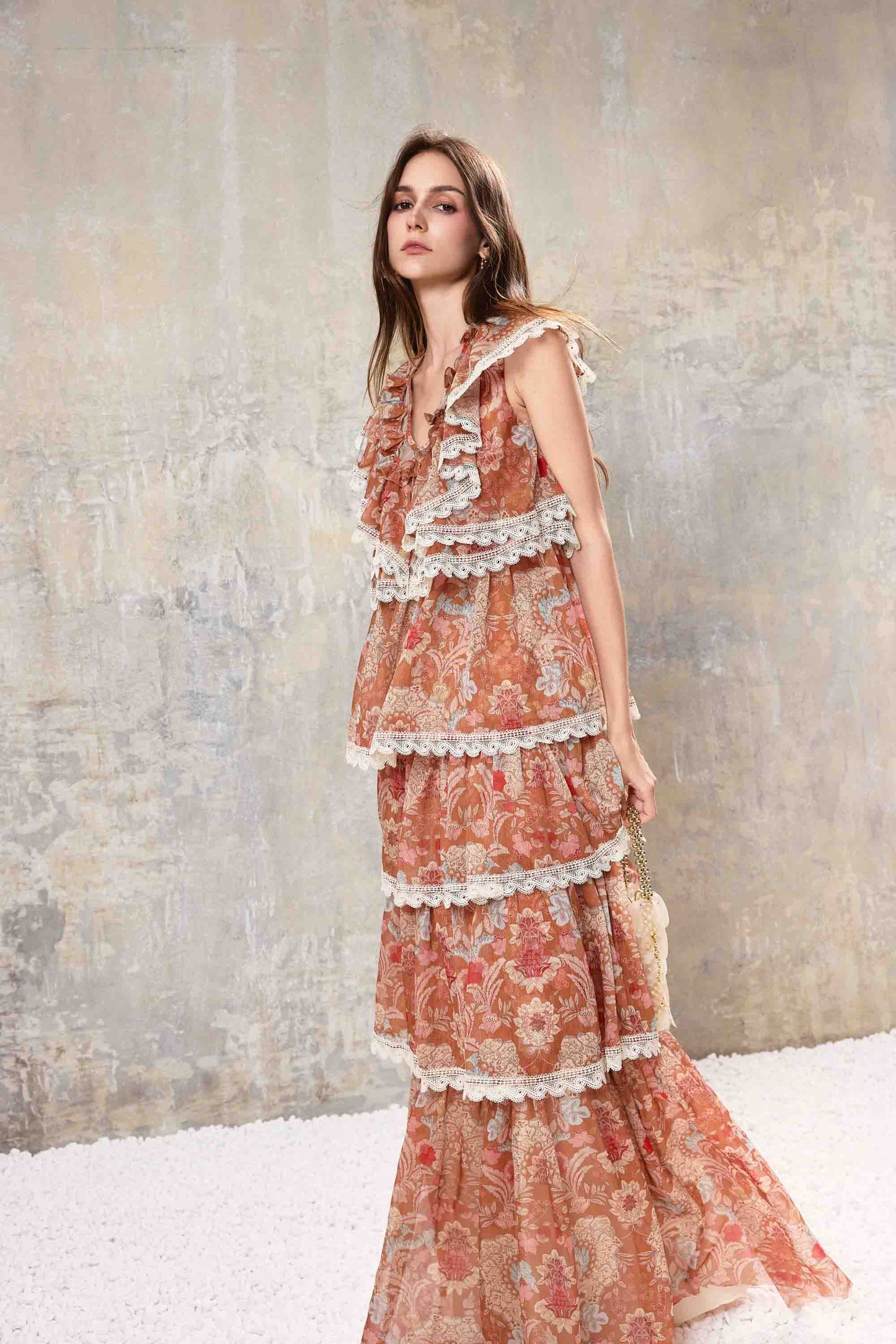 Baroque Lace Tiered Maxi Dress