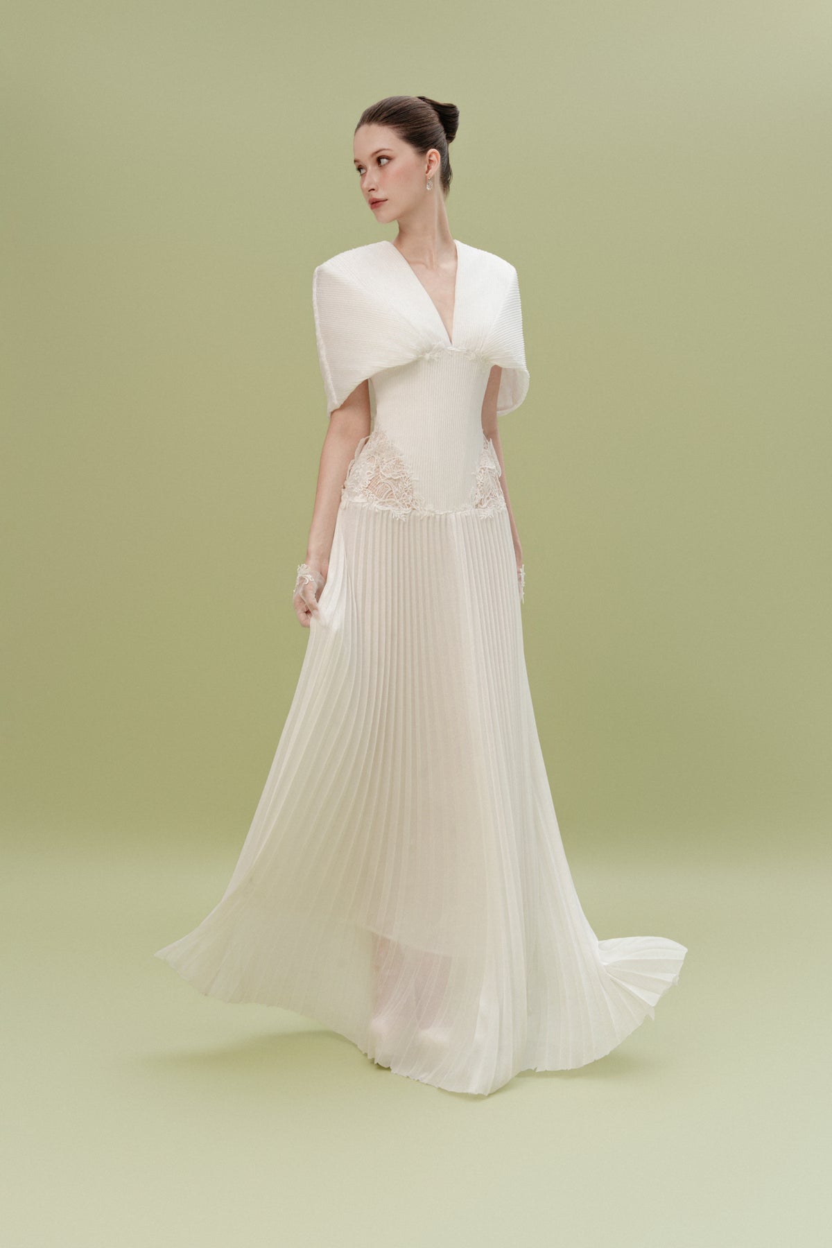 Off-Shoulder Lace Pleated Gown