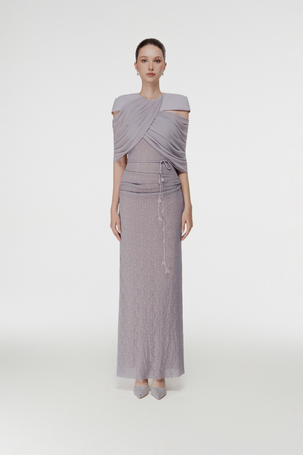 Cape-Draped Lace Midi Dress