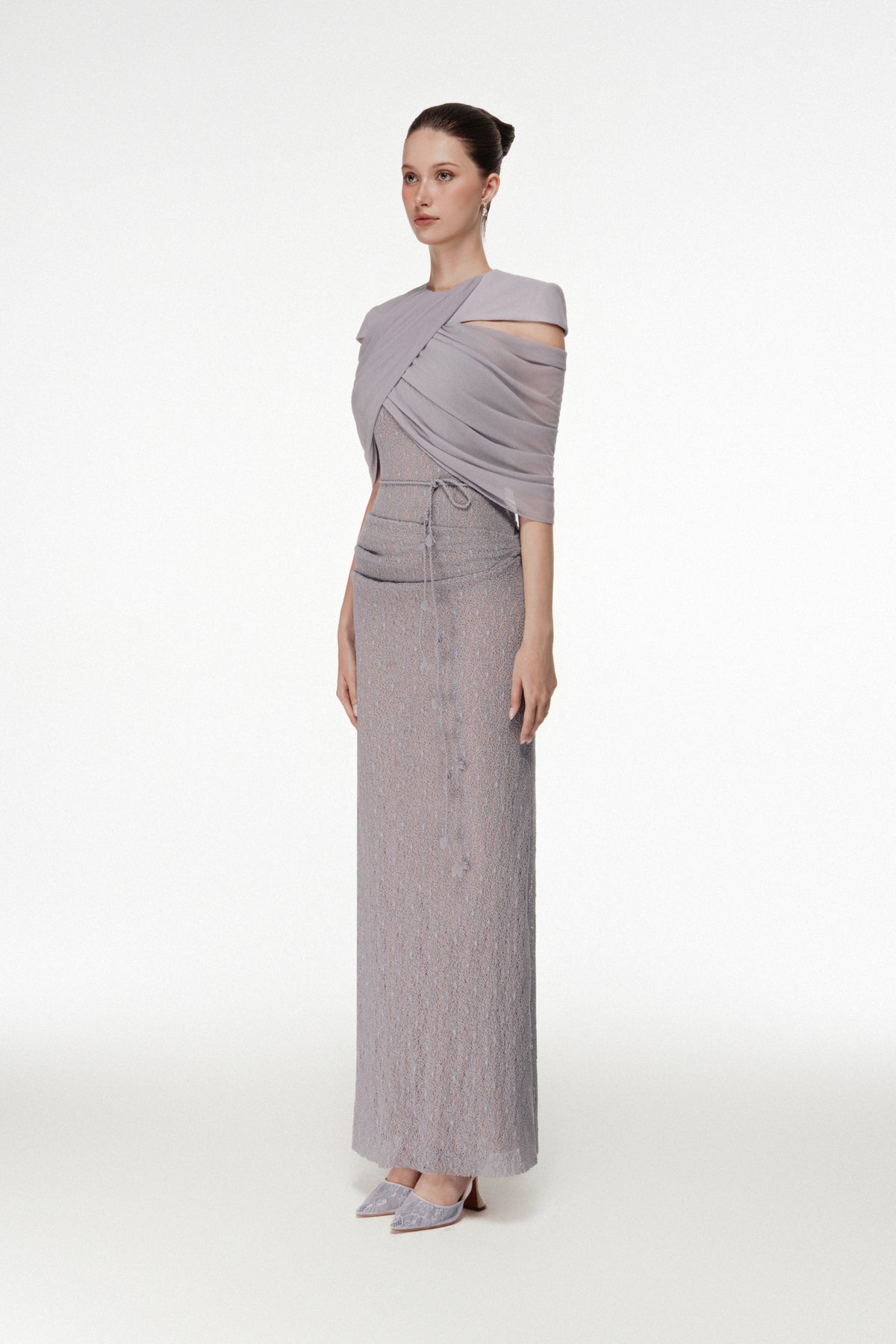 Cape-Draped Lace Midi Dress