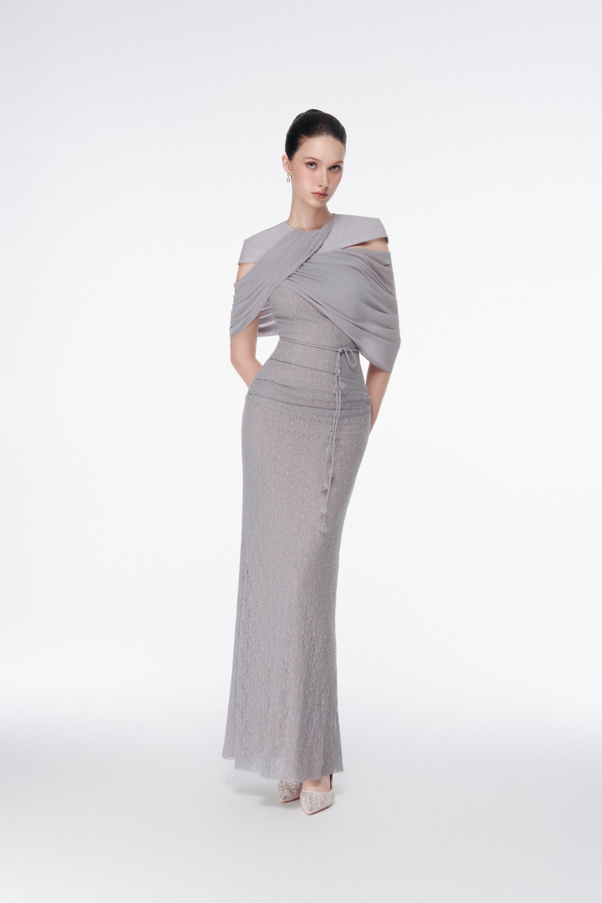 Cape-Draped Lace Midi Dress