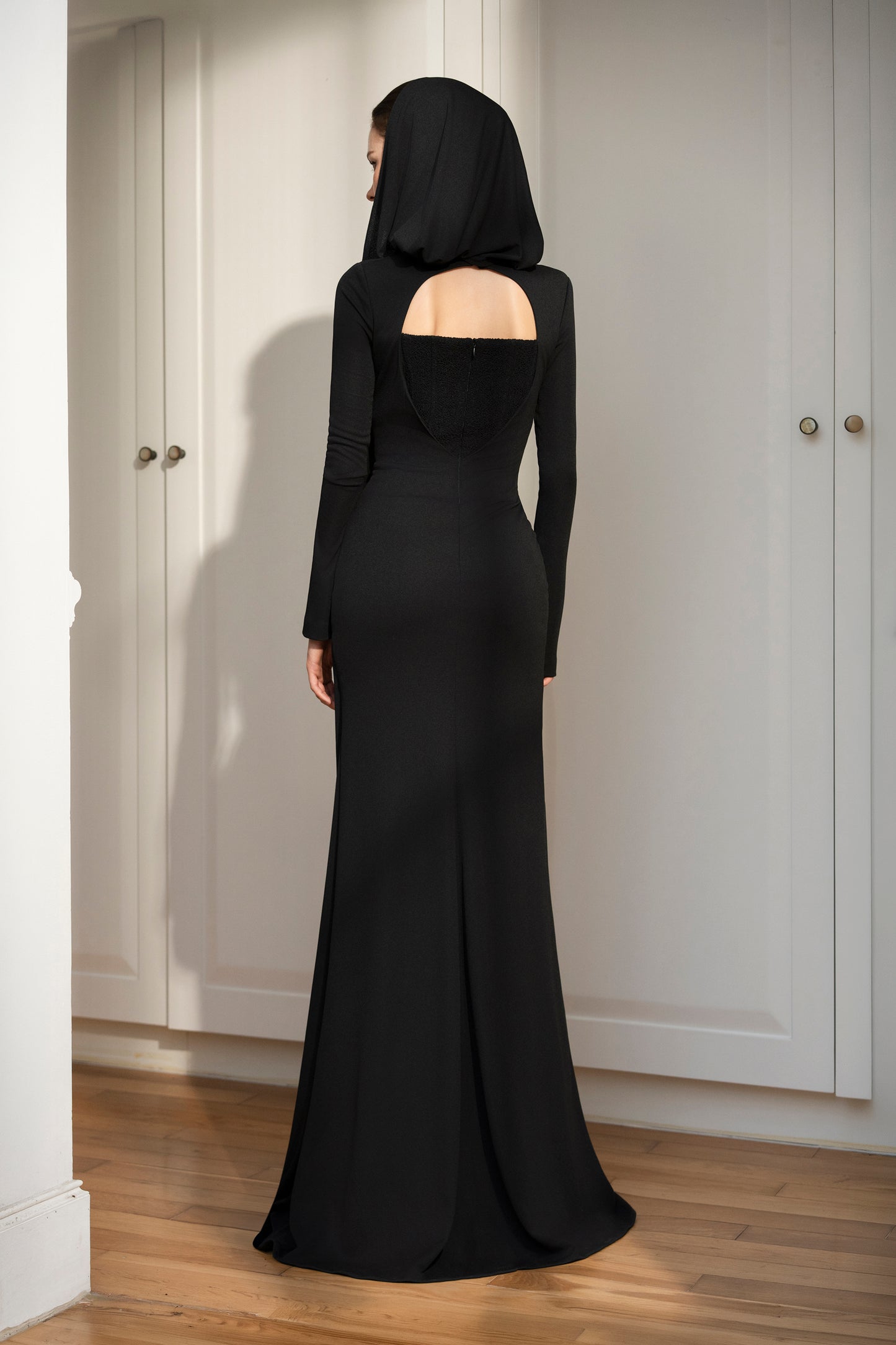 Hooded Draped Corset Evening Gown
