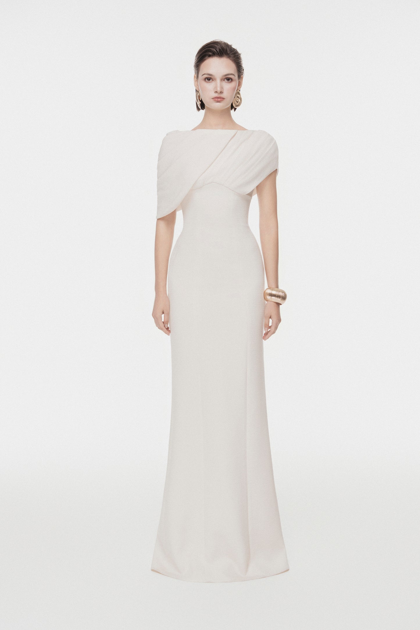 Asymmetric Draped Shoulder Midi Dress