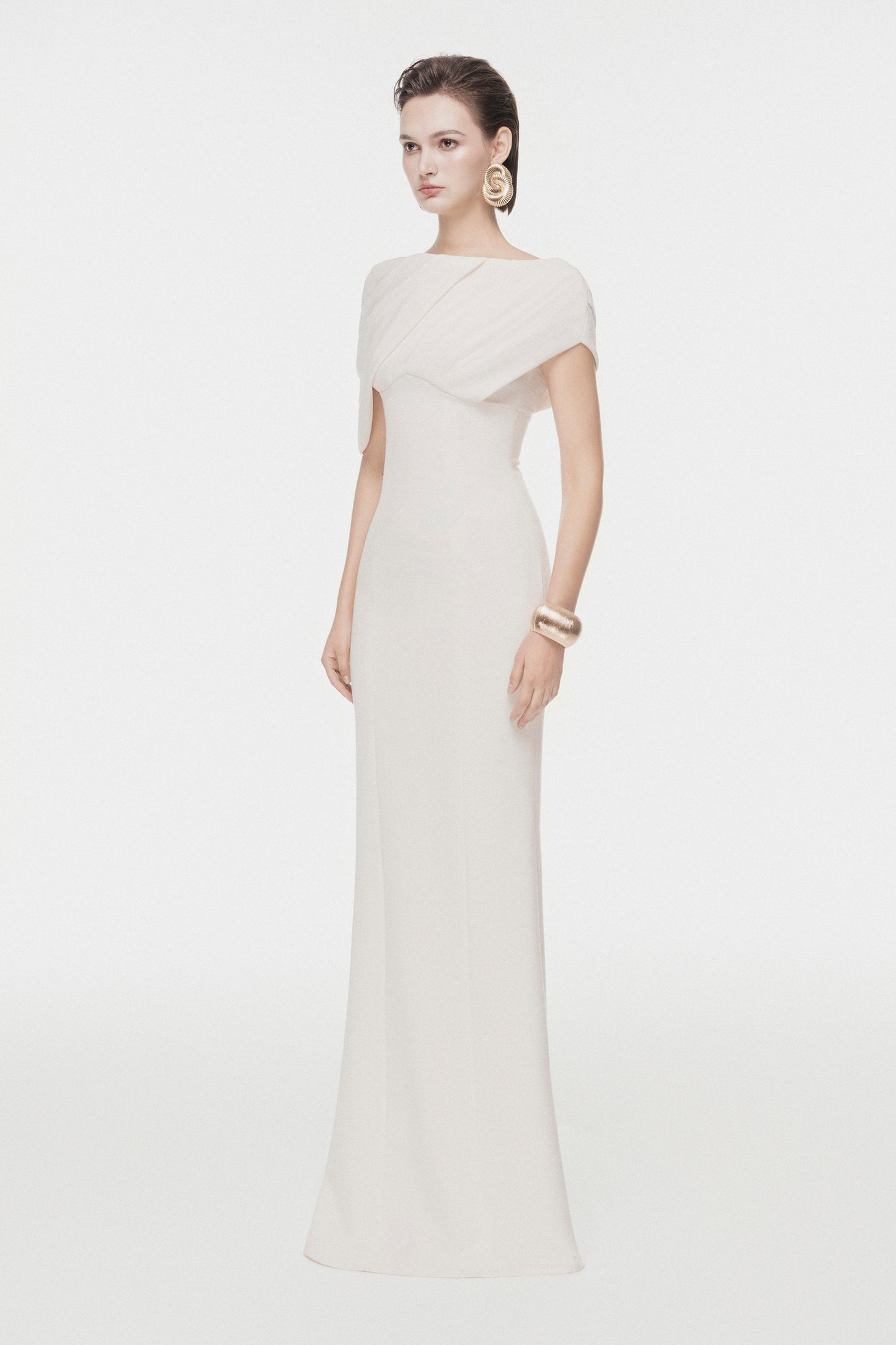 Asymmetric Draped Shoulder Midi Dress