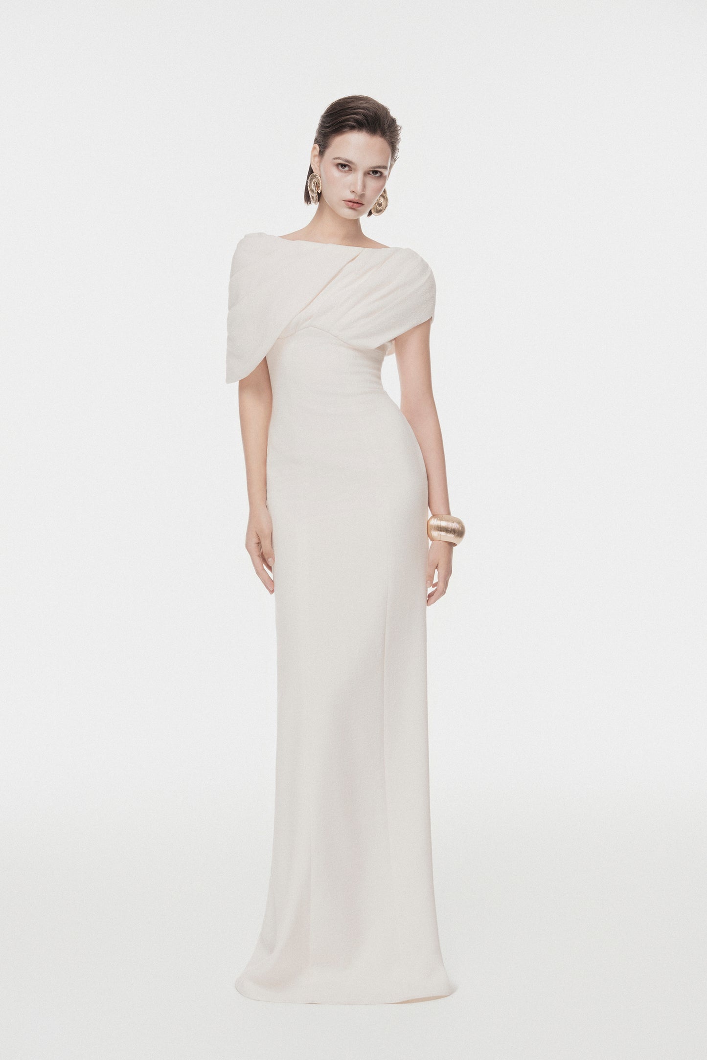 Asymmetric Draped Shoulder Midi Dress